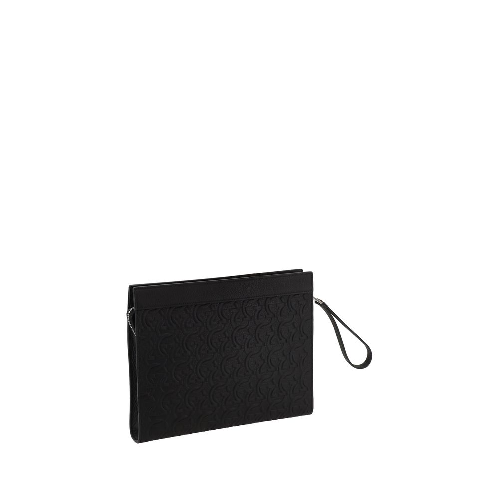 Ferragamo Black Grooved Leather Clutch Bag
