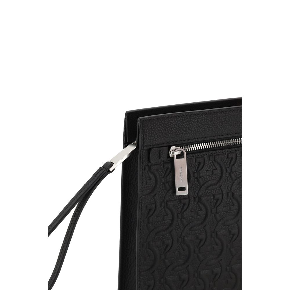 Ferragamo Black Grooved Leather Clutch Bag