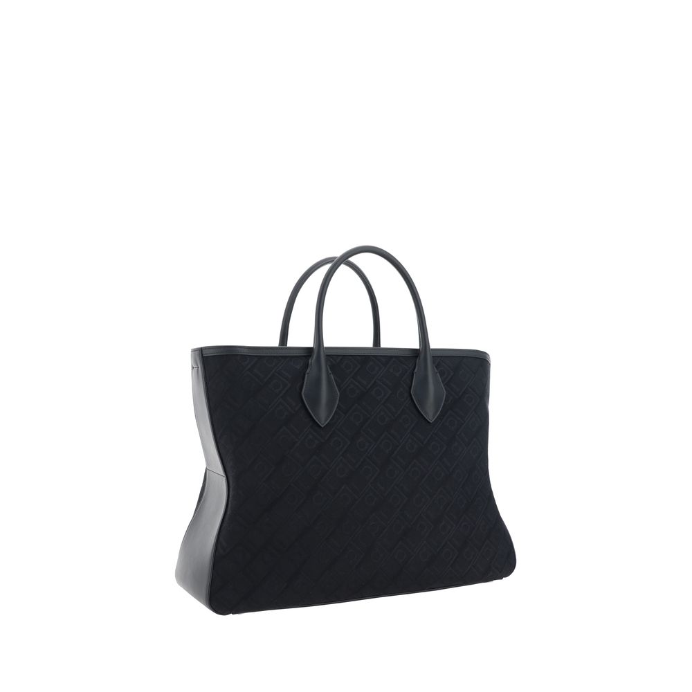 Ferragamo Beige Jacquard and Leather Tote Handbag