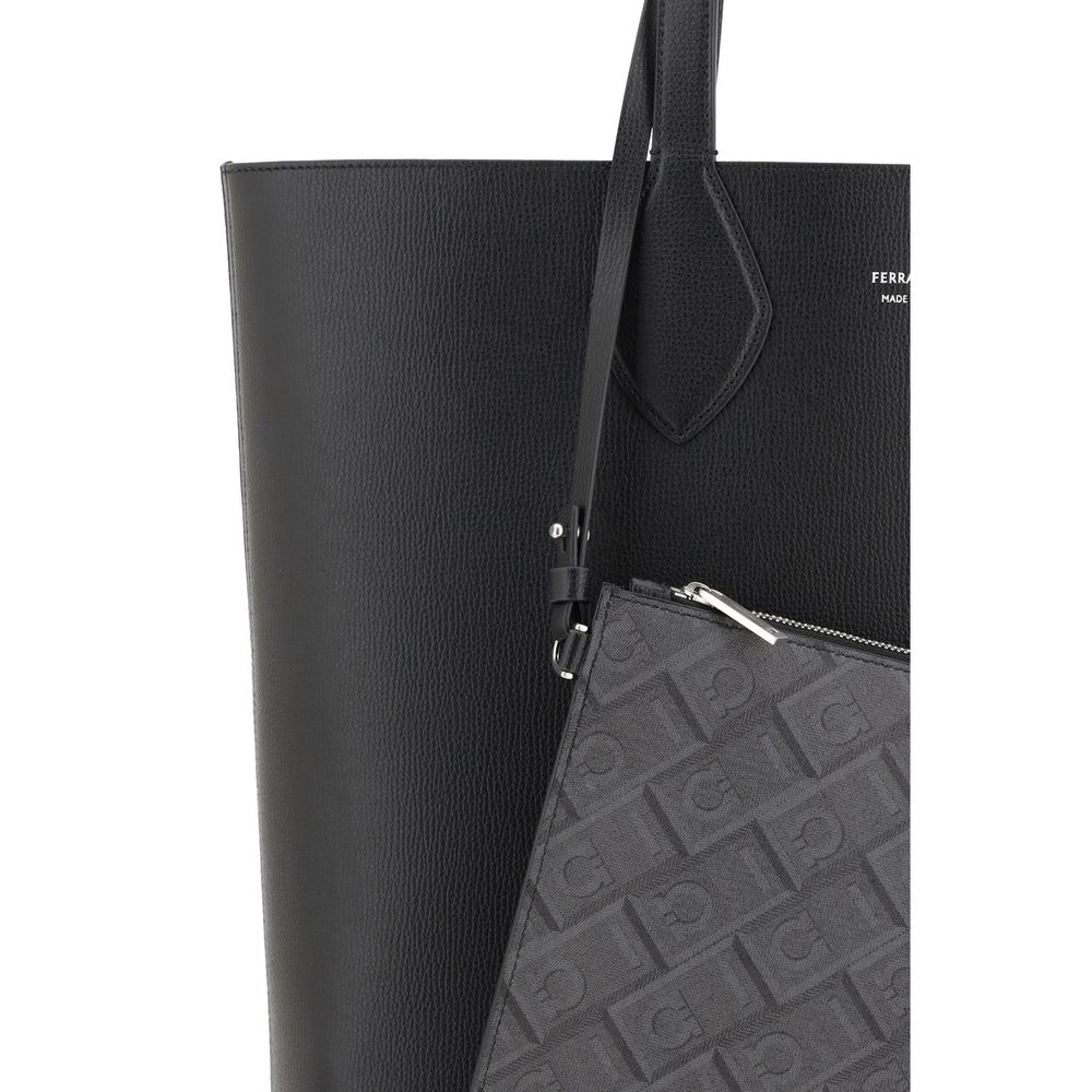 Ferragamo Black Premium Grained Leather Tote Bag