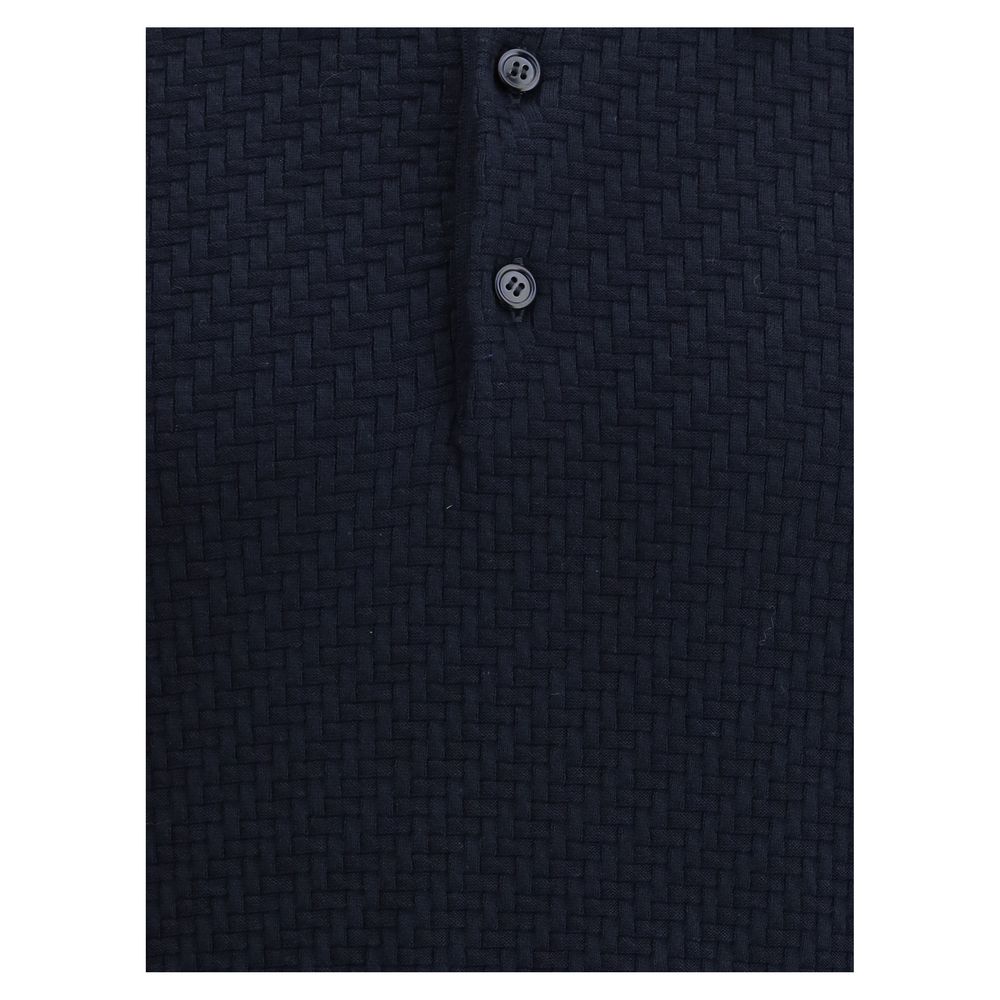 Brioni Navy Cotton Polo Shirt with Woven Pattern