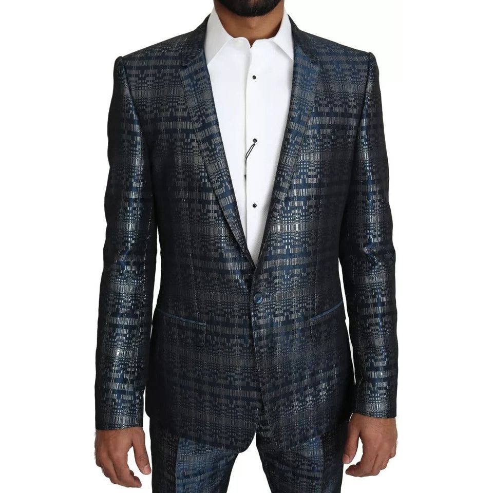 Dolce & Gabbana Blue Silver Shiny Wool 2 Piece Slim Suit