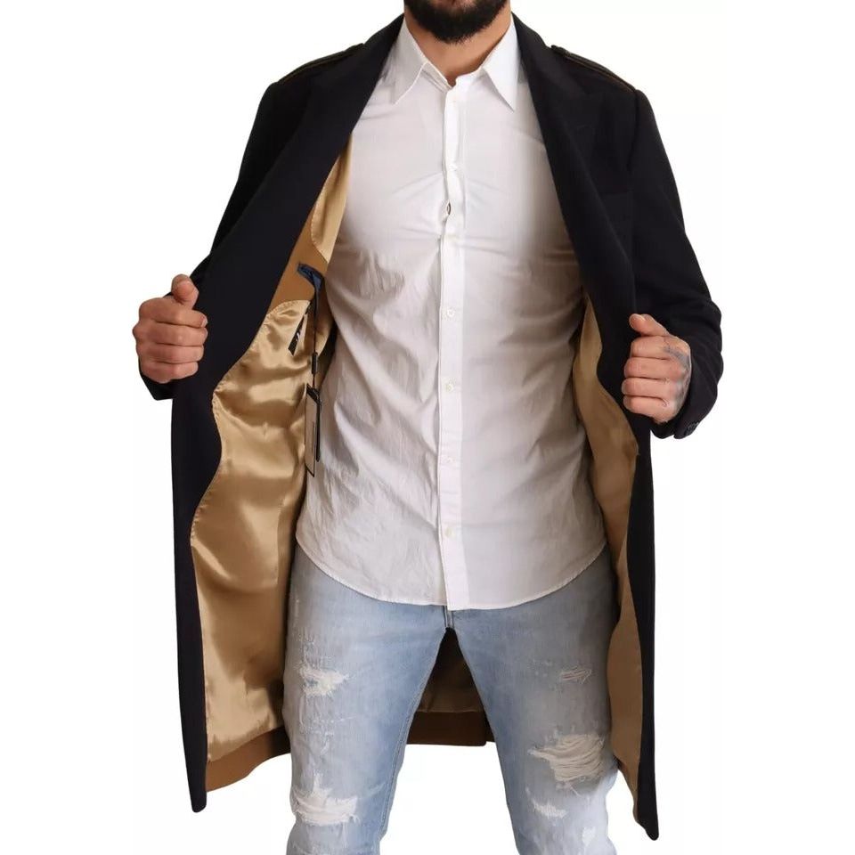 Dolce & Gabbana Blue Wool Stretch Trench Coat Jacket