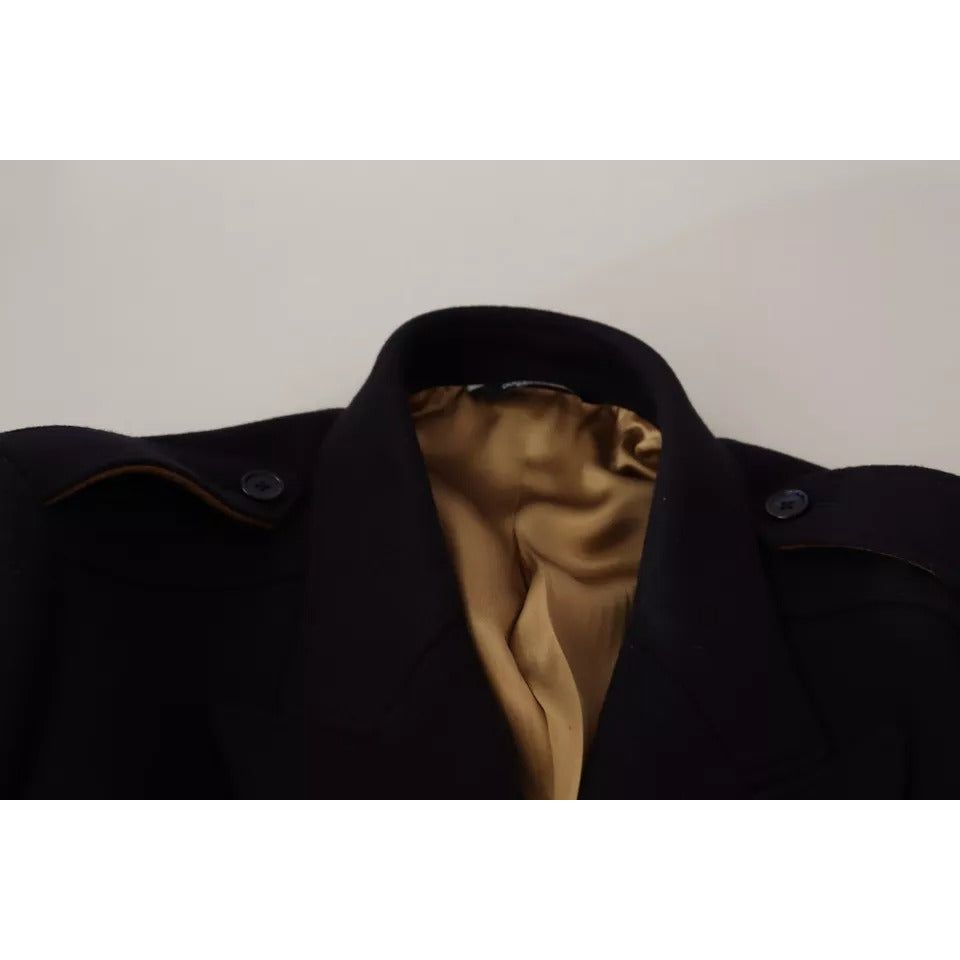 Dolce & Gabbana Blue Wool Stretch Trench Coat Jacket