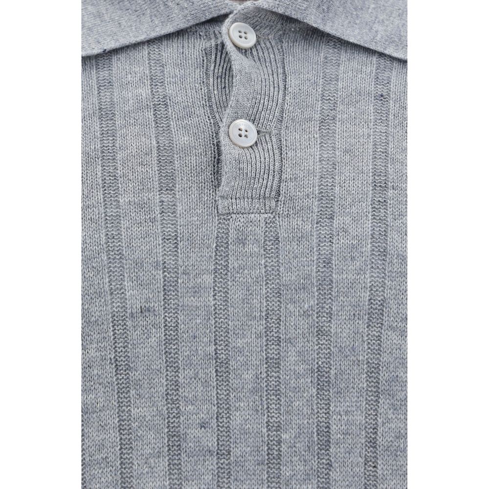 Brunello Cucinelli Grey Linen Ribbed Polo Shirt