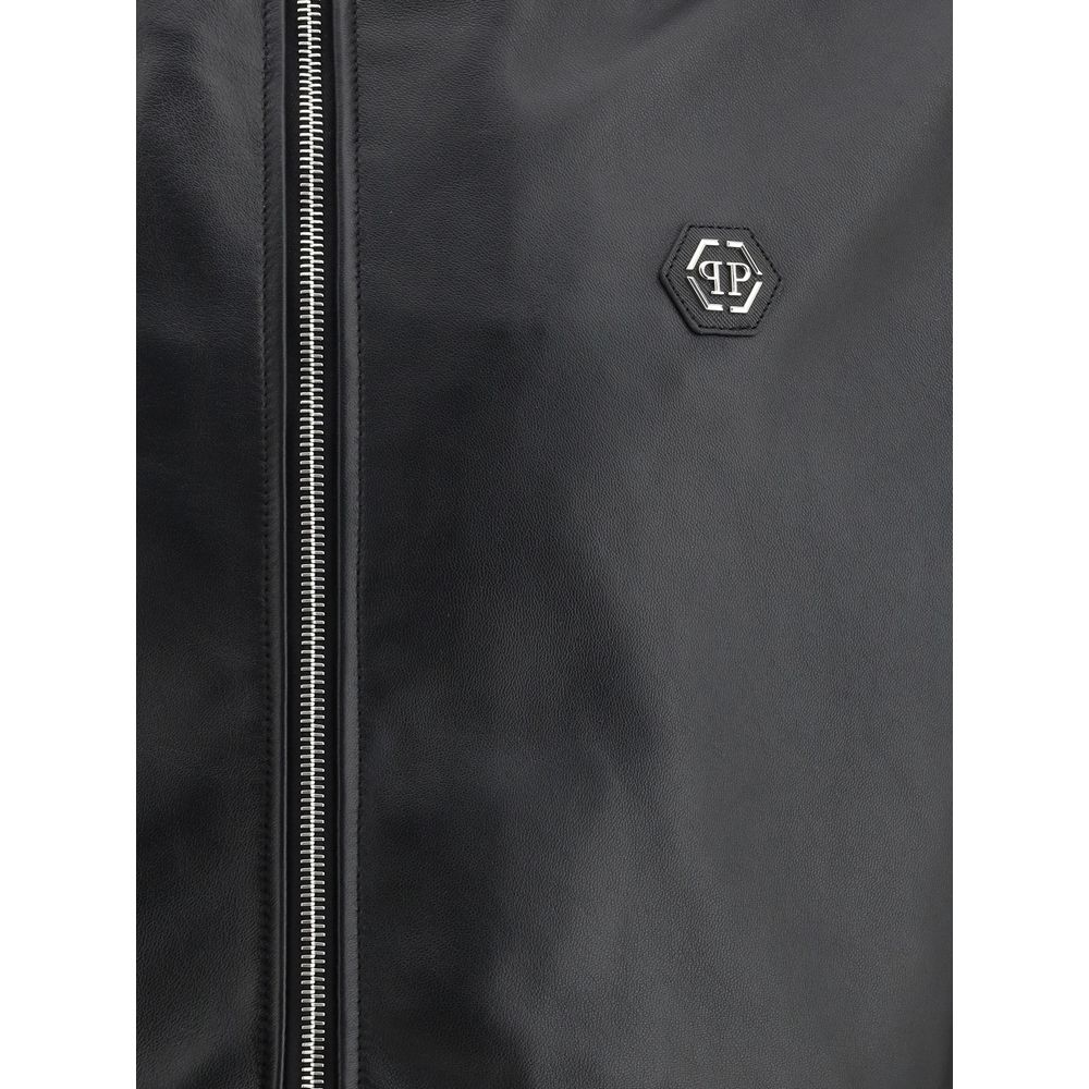 Philipp Plein Black Leather Hooded Jacket