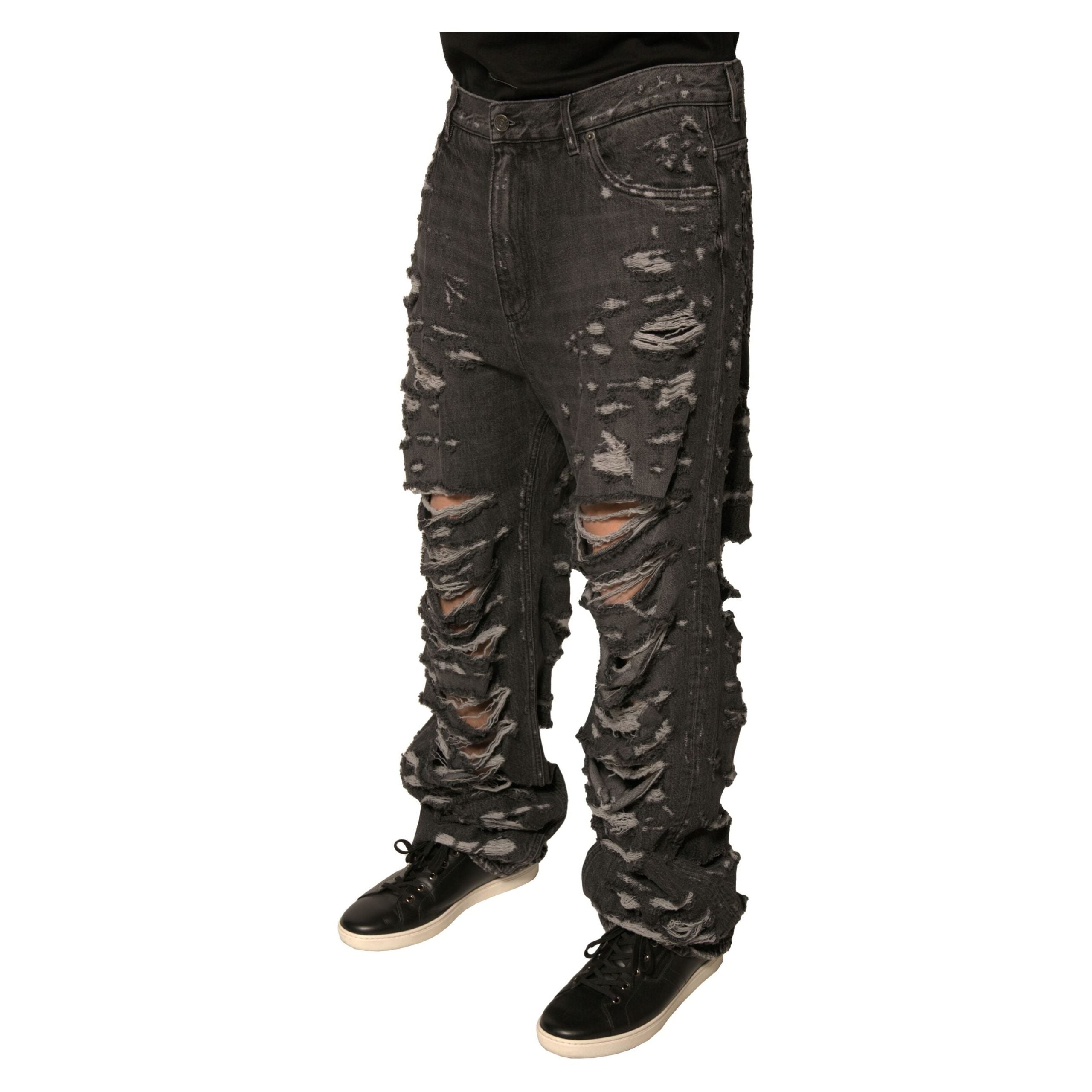 Dolce & Gabbana Gray Tattered Cotton Straight Denim Jeans