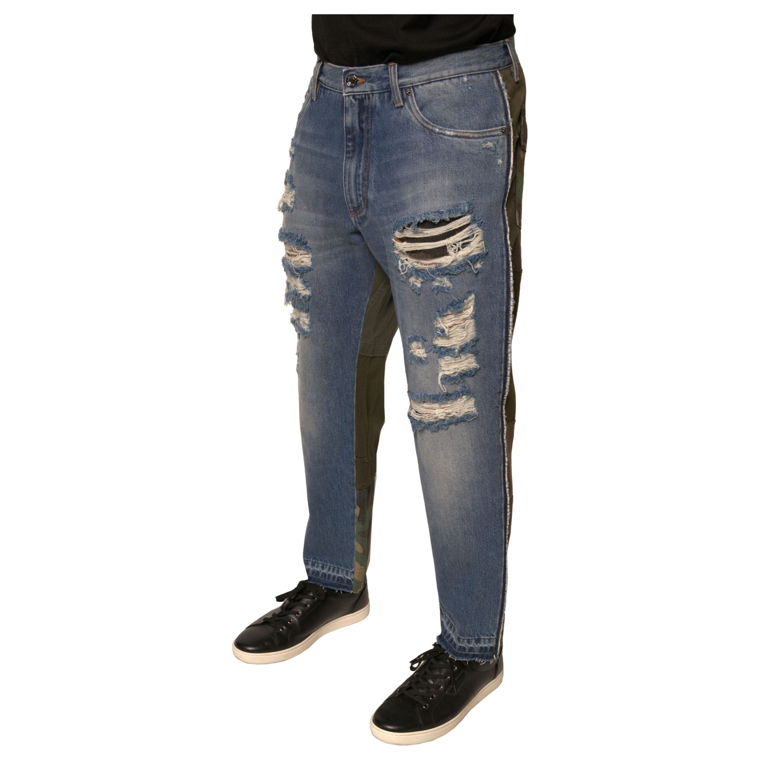 Dolce & Gabbana Blue Tattered Cotton Cropped Denim Jeans