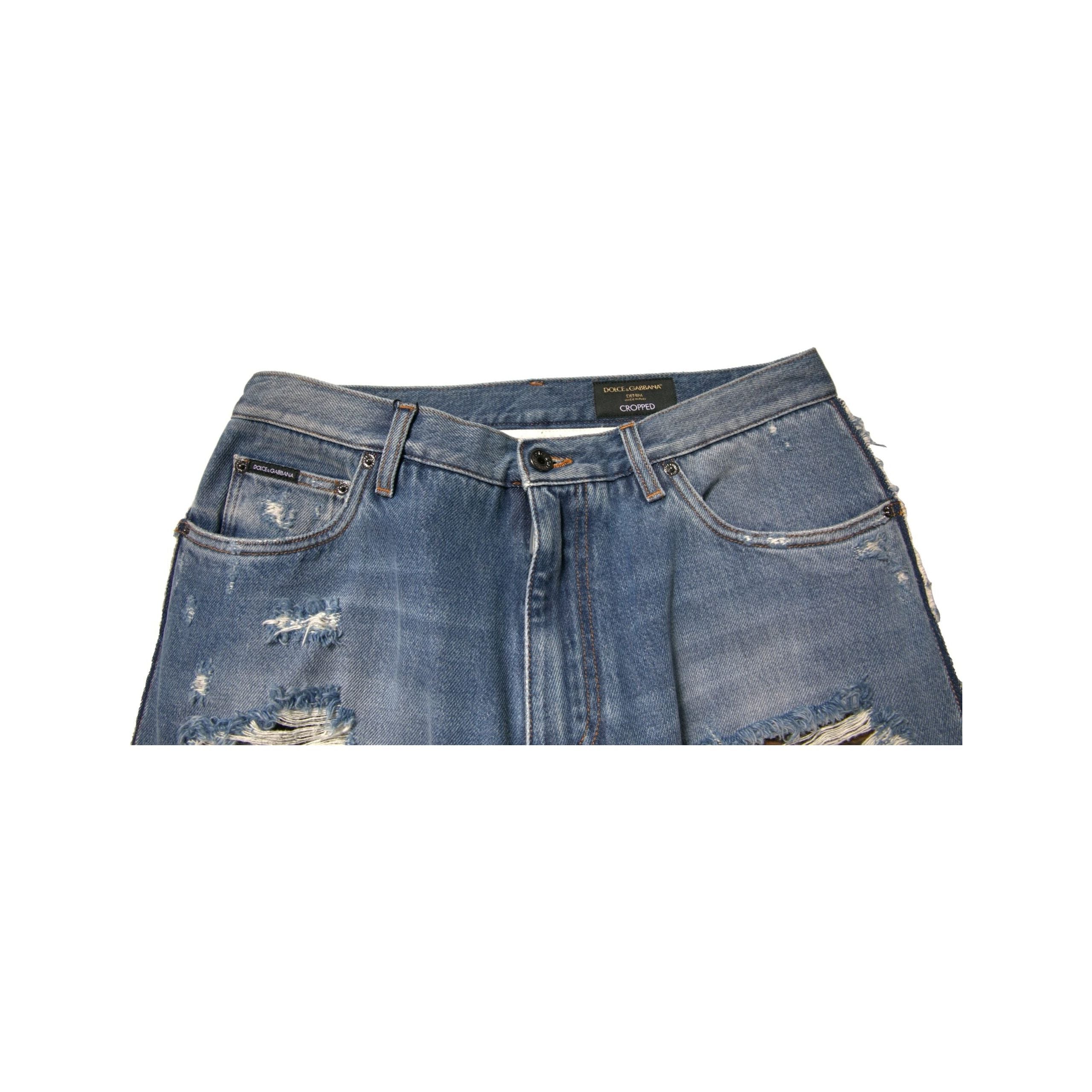 Dolce & Gabbana Blue Tattered Cotton Cropped Denim Jeans