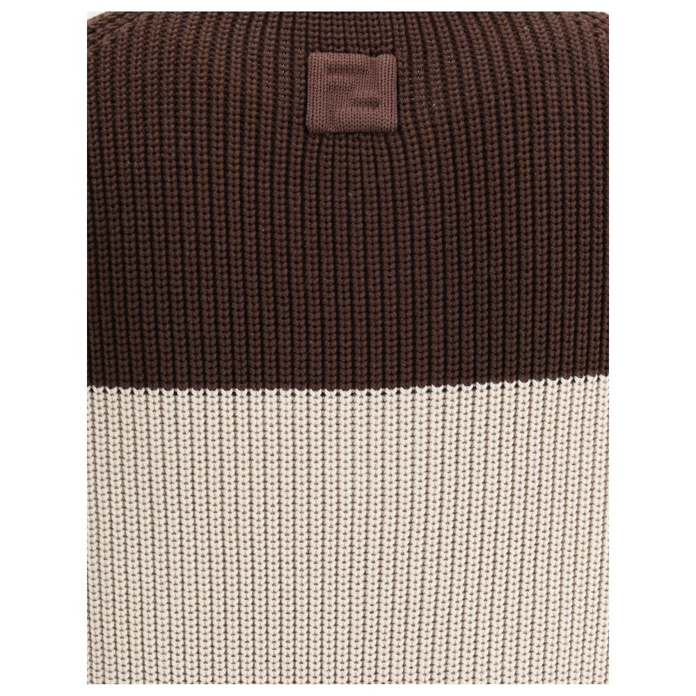 Fendi Grey Cotton Ribbed Sweater with Iconic Monogram Detail