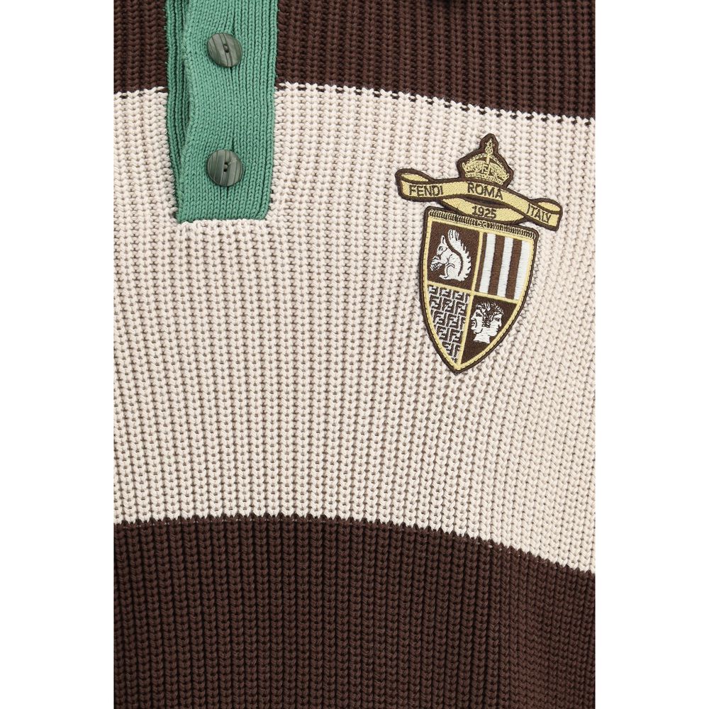 Fendi Grey Cotton Ribbed Sweater with Iconic Monogram Detail
