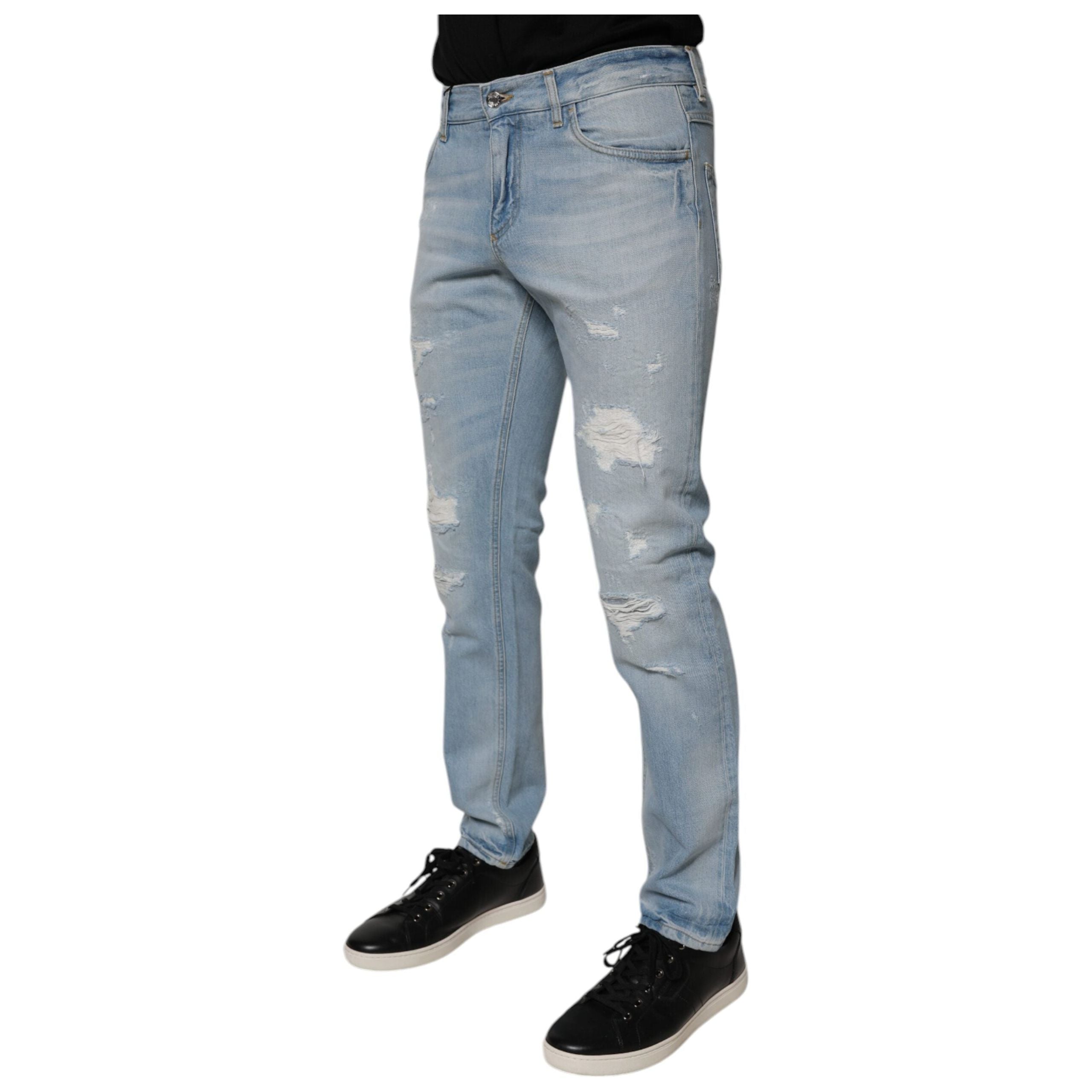 Dolce & Gabbana Light Blue Cotton Tattered Logo Skinny Denim Jeans