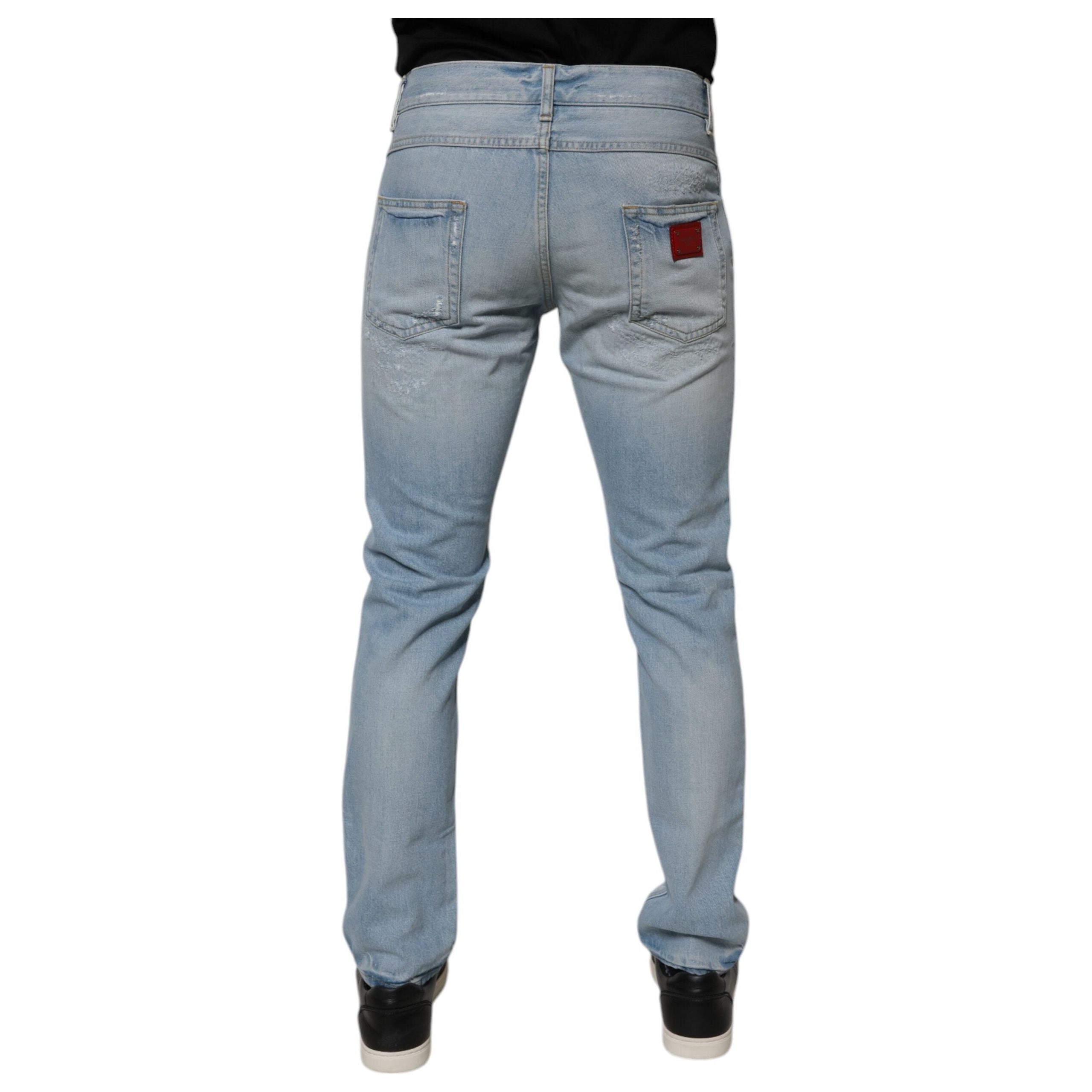 Dolce & Gabbana Light Blue Cotton Tattered Logo Skinny Denim Jeans