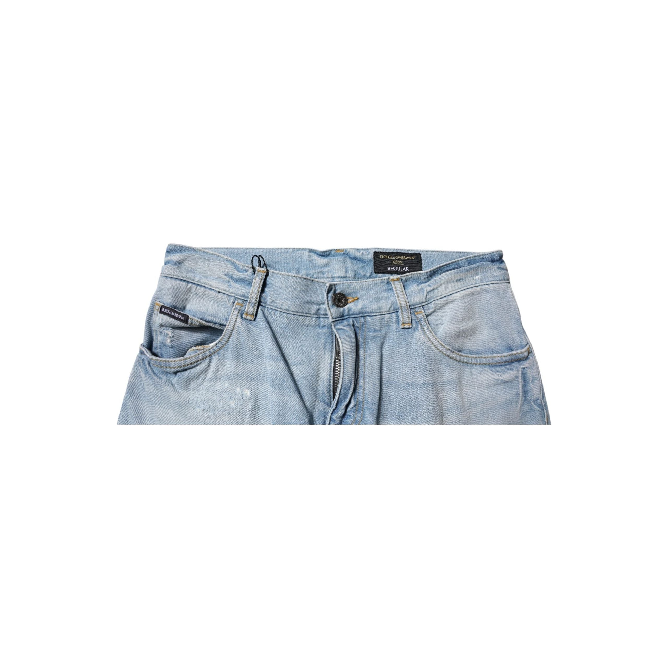 Dolce & Gabbana Light Blue Cotton Tattered Logo Skinny Denim Jeans