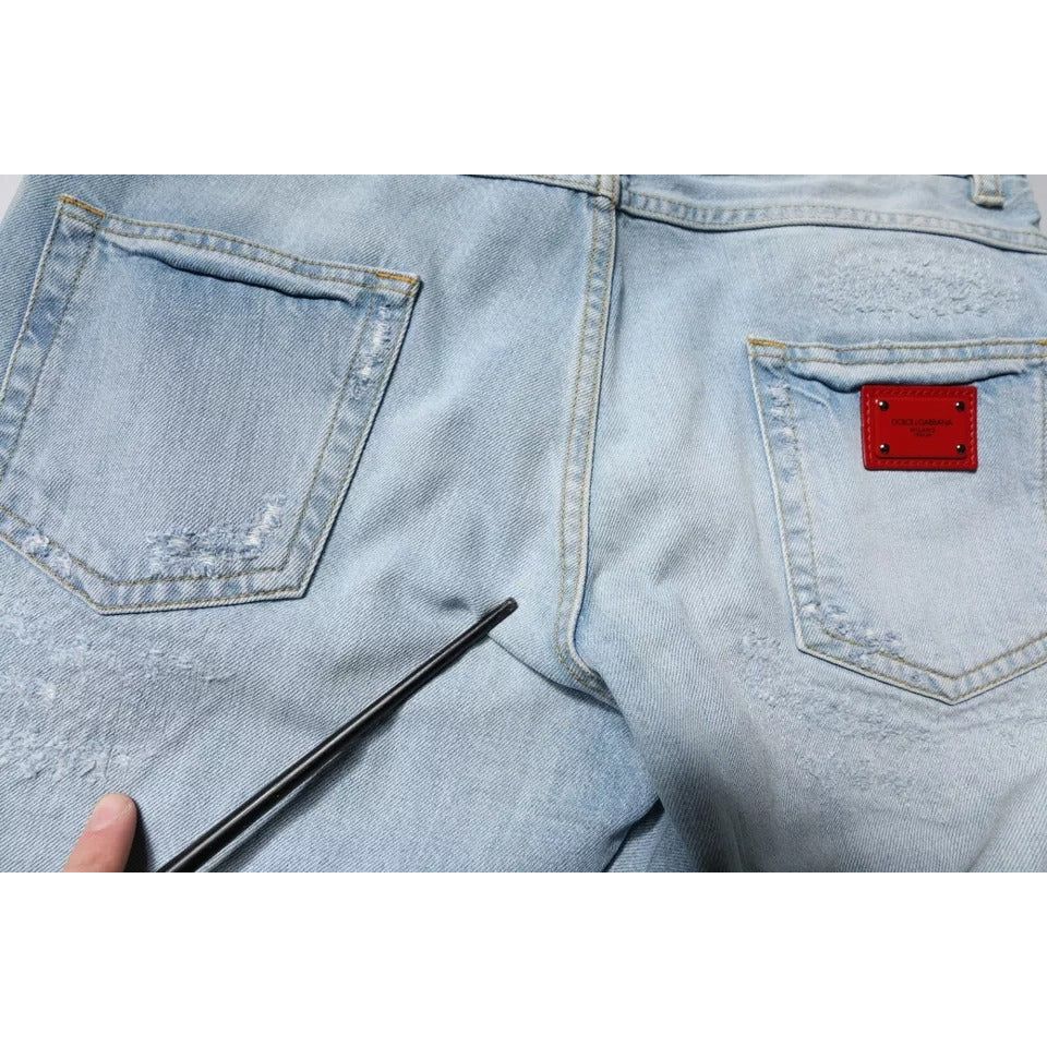 Dolce & Gabbana Light Blue Cotton Tattered Logo Skinny Denim Jeans