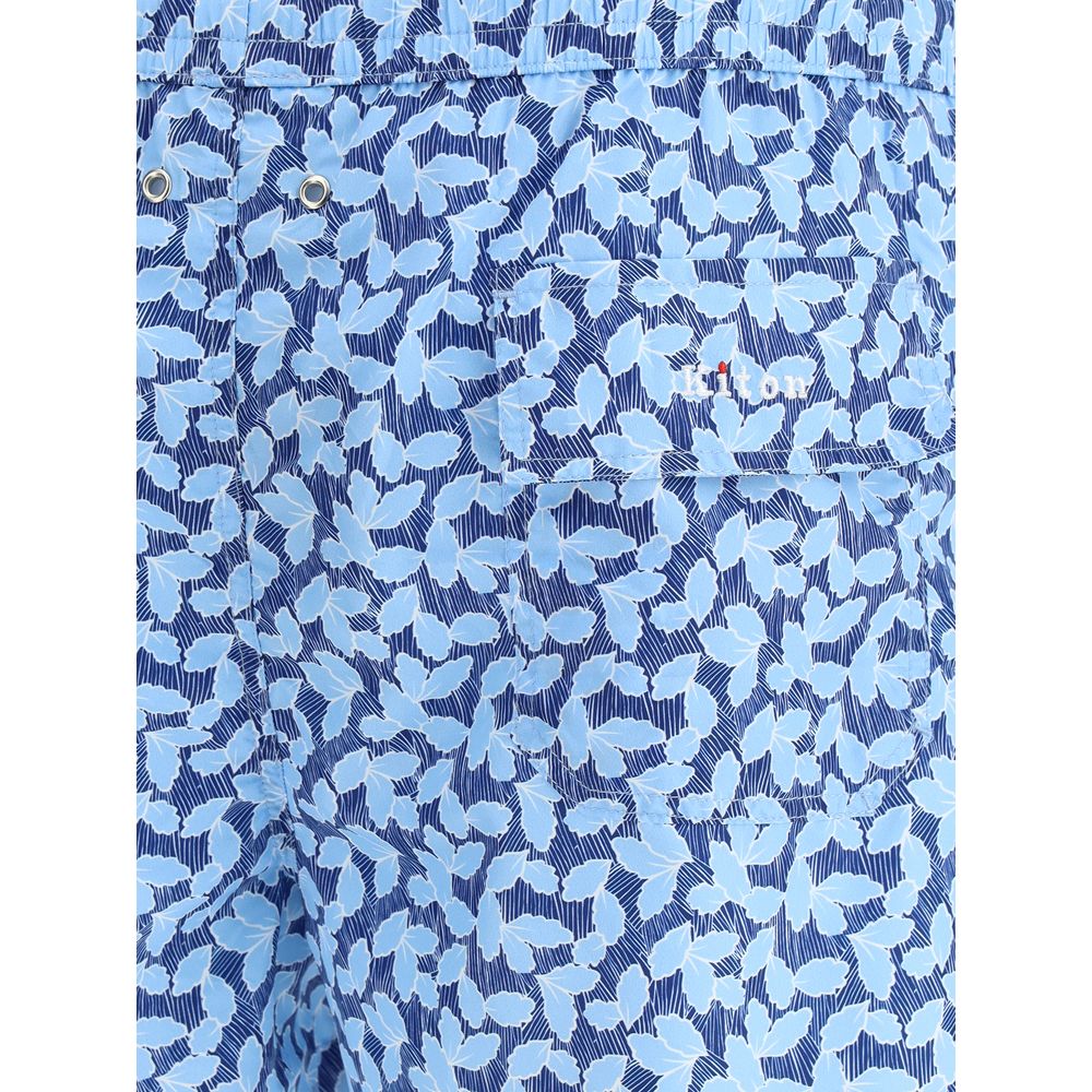 Kiton Green Cotton Swimshorts in Elegant Foliage Design