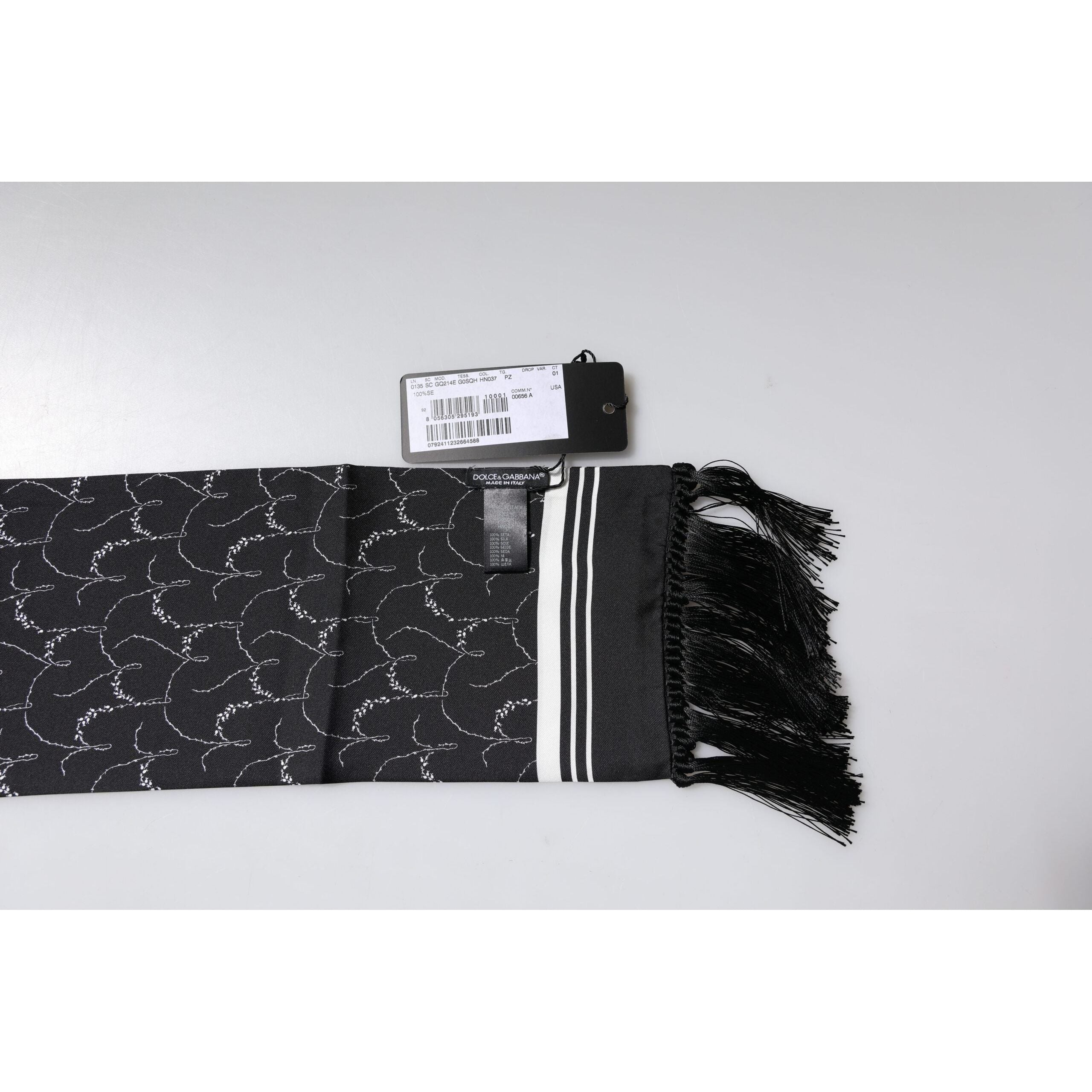 Dolce & Gabbana Black Silk Patterned Fringes Scarf