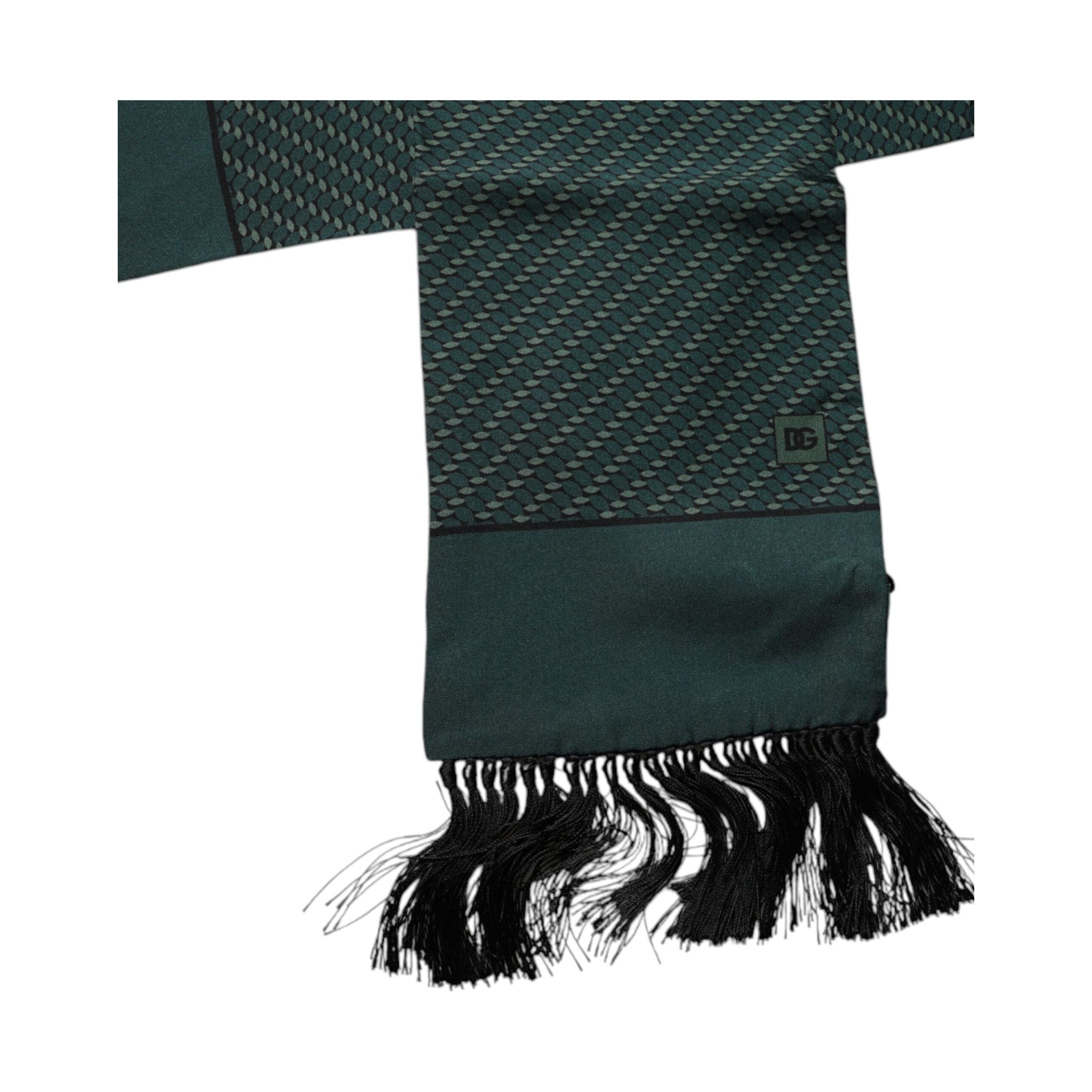 Dolce & Gabbana Dark Green Silk Fantasy Fringes Neck Wrap Scarf