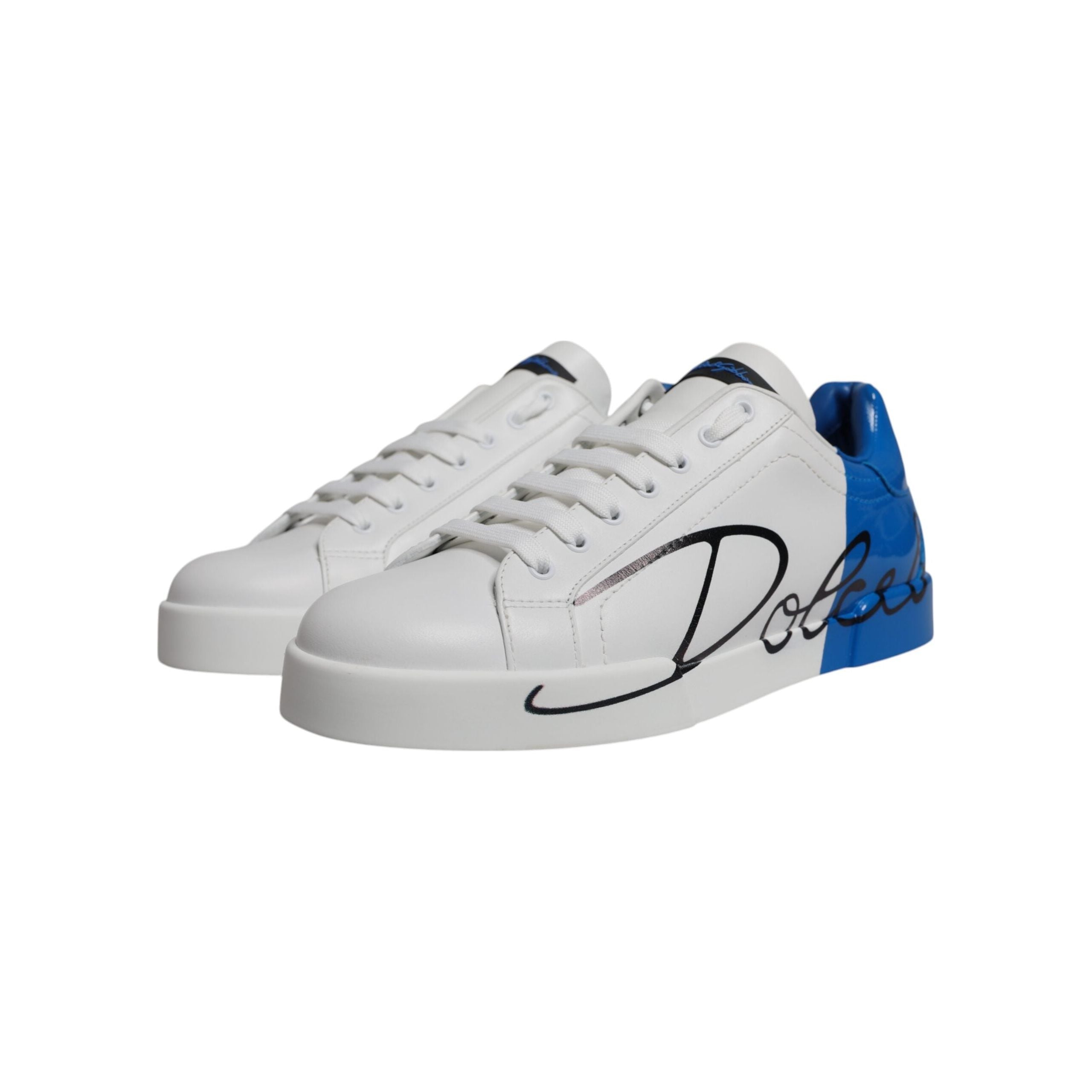Dolce & Gabbana White Blue Leather Low Top Sneakers Shoes