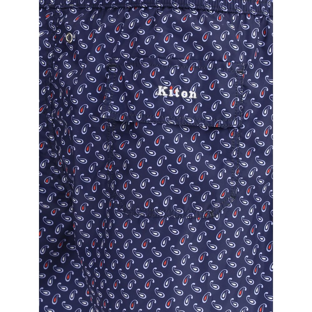 Kiton Navy Cotton Swimshorts with Iconic Monogram Design