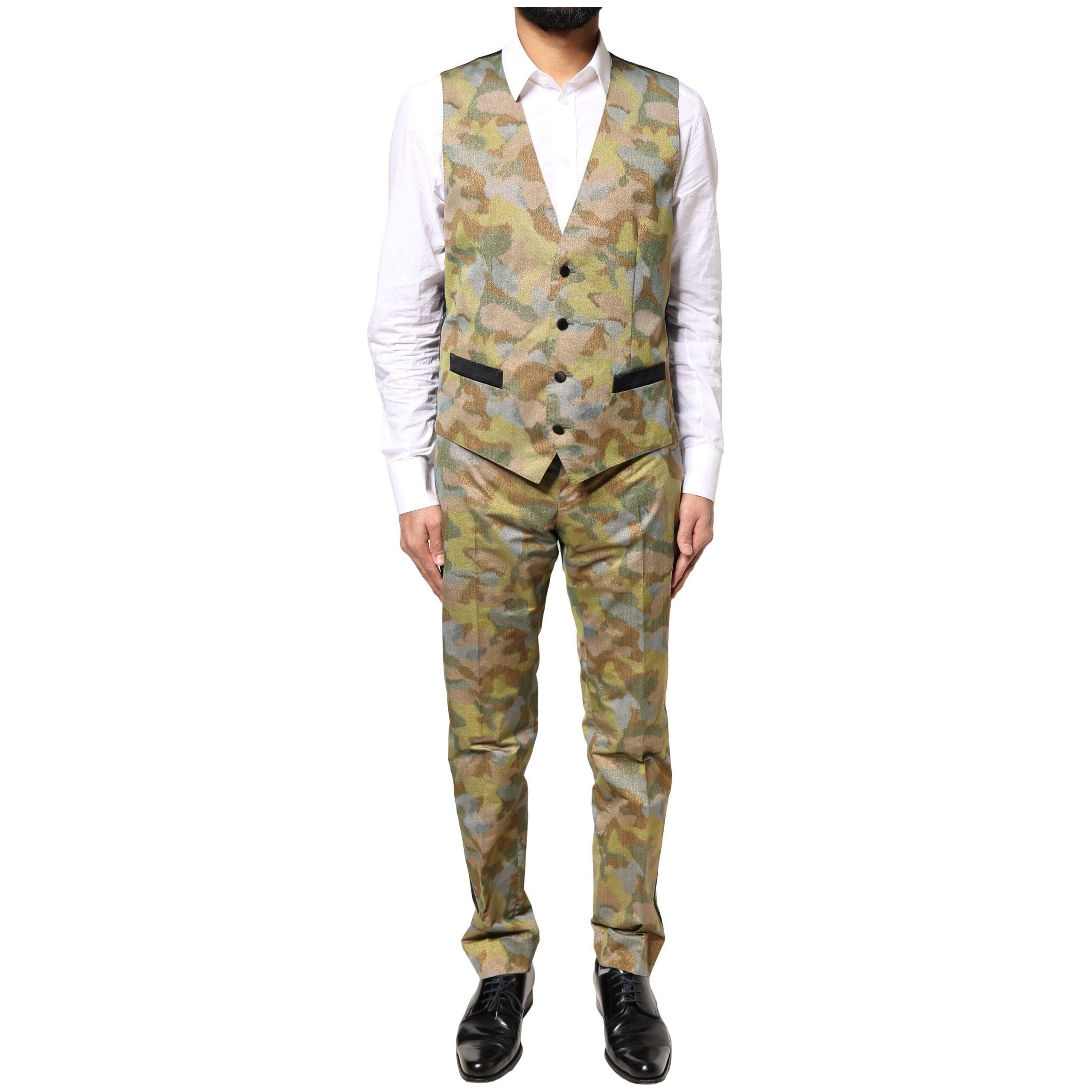 Dolce & Gabbana Multicolor Silk Camouflage 3 Piece Suit