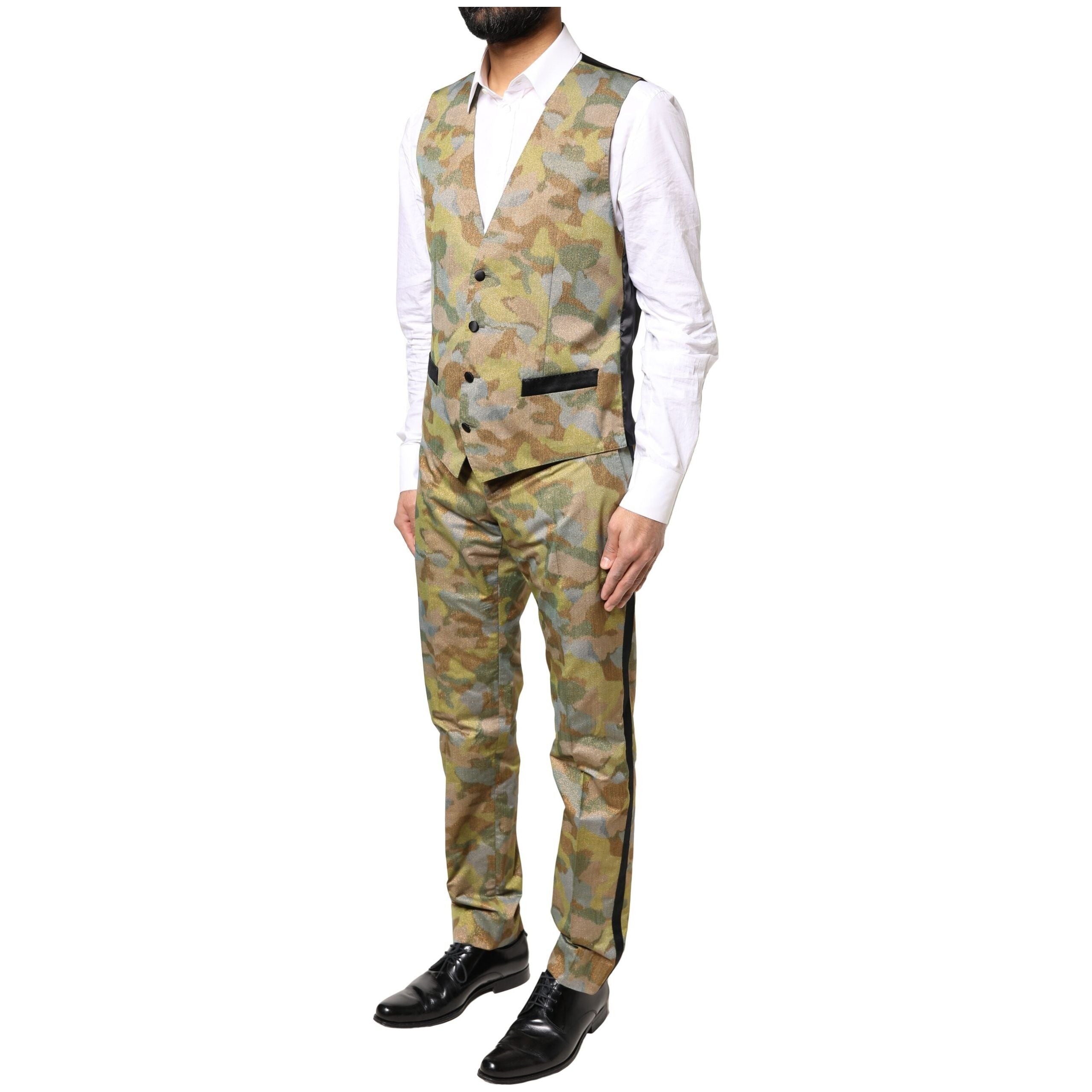 Dolce & Gabbana Multicolor Silk Camouflage 3 Piece Suit