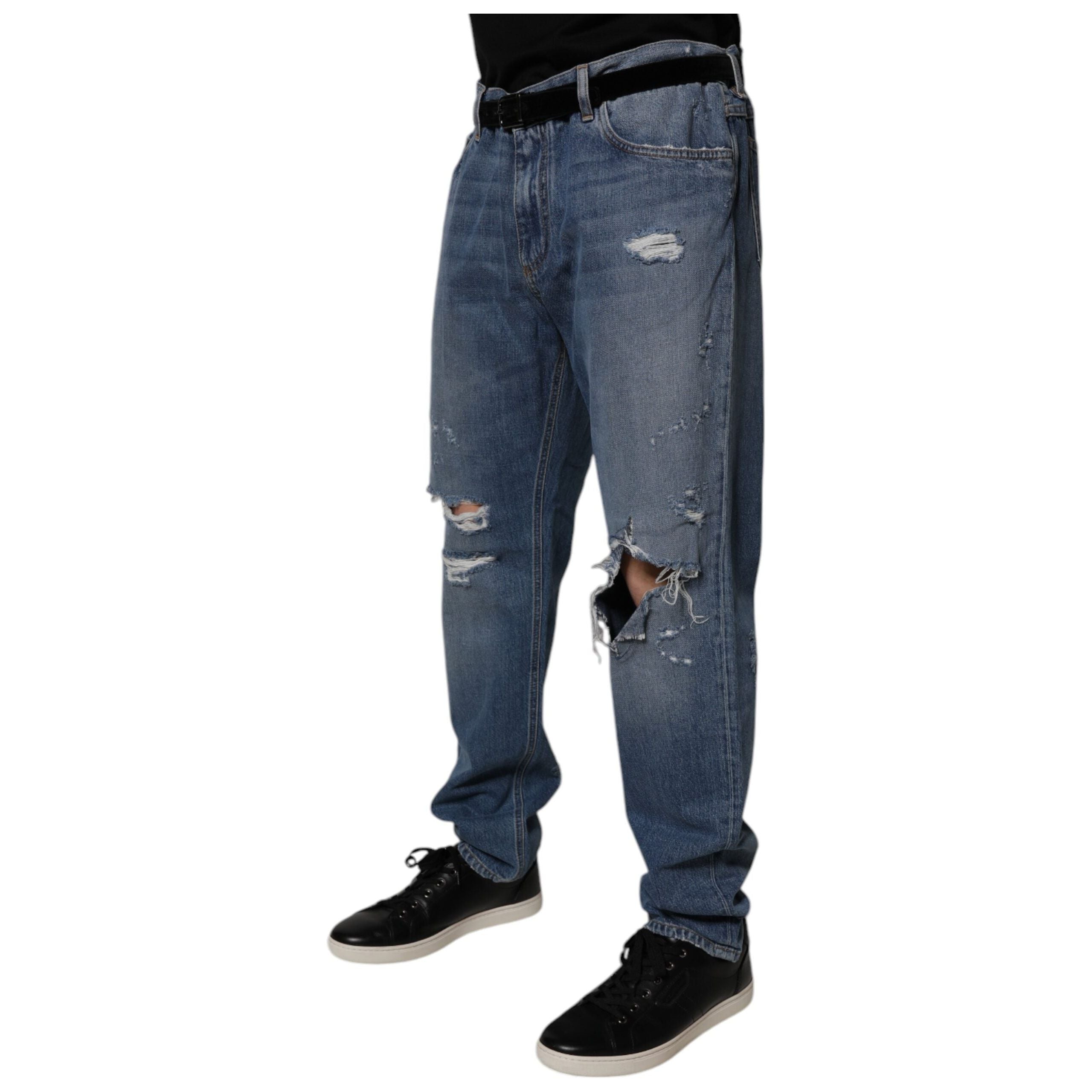 Dolce & Gabbana Blue Tattered Cotton Straight Denim Jeans