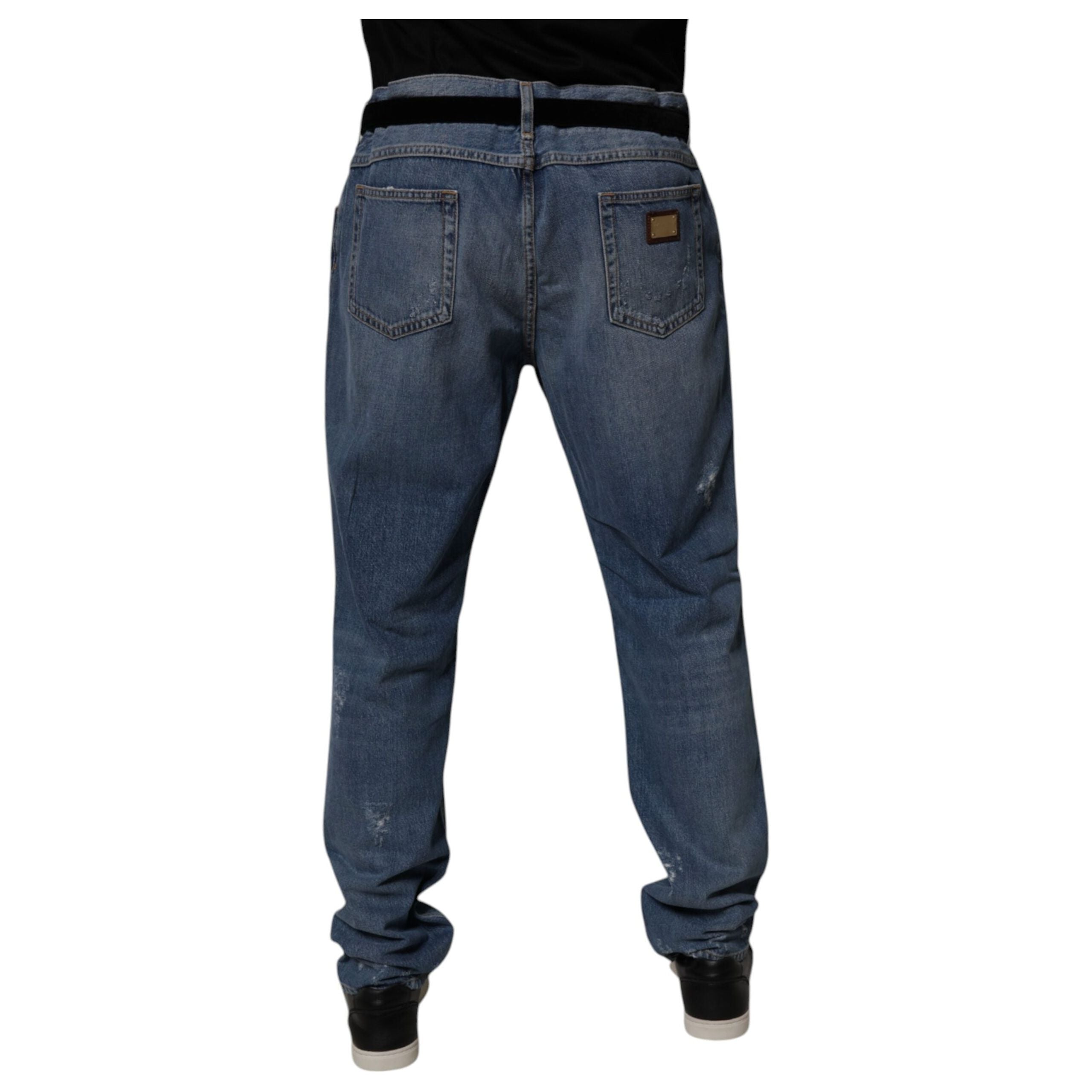 Dolce & Gabbana Blue Tattered Cotton Straight Denim Jeans