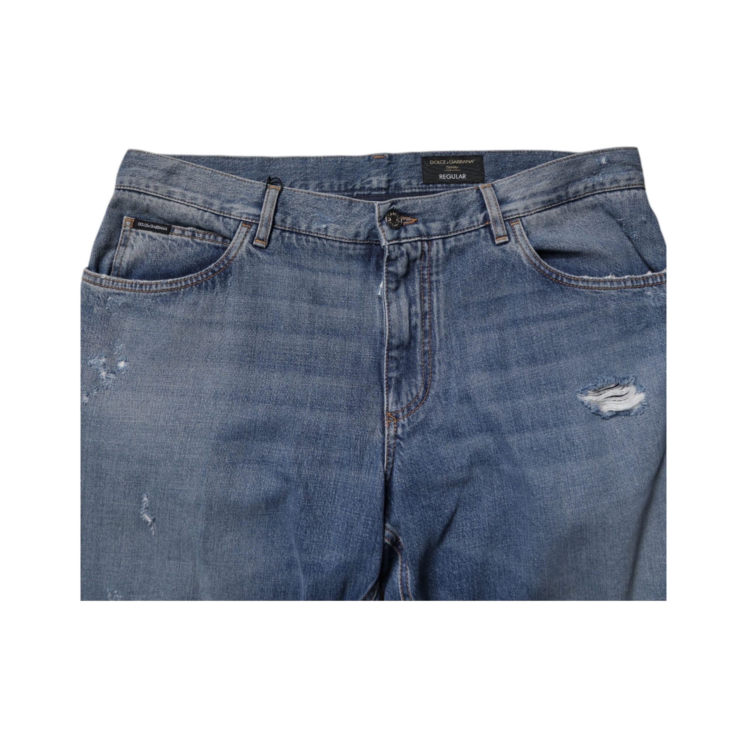 Dolce & Gabbana Blue Tattered Cotton Straight Denim Jeans