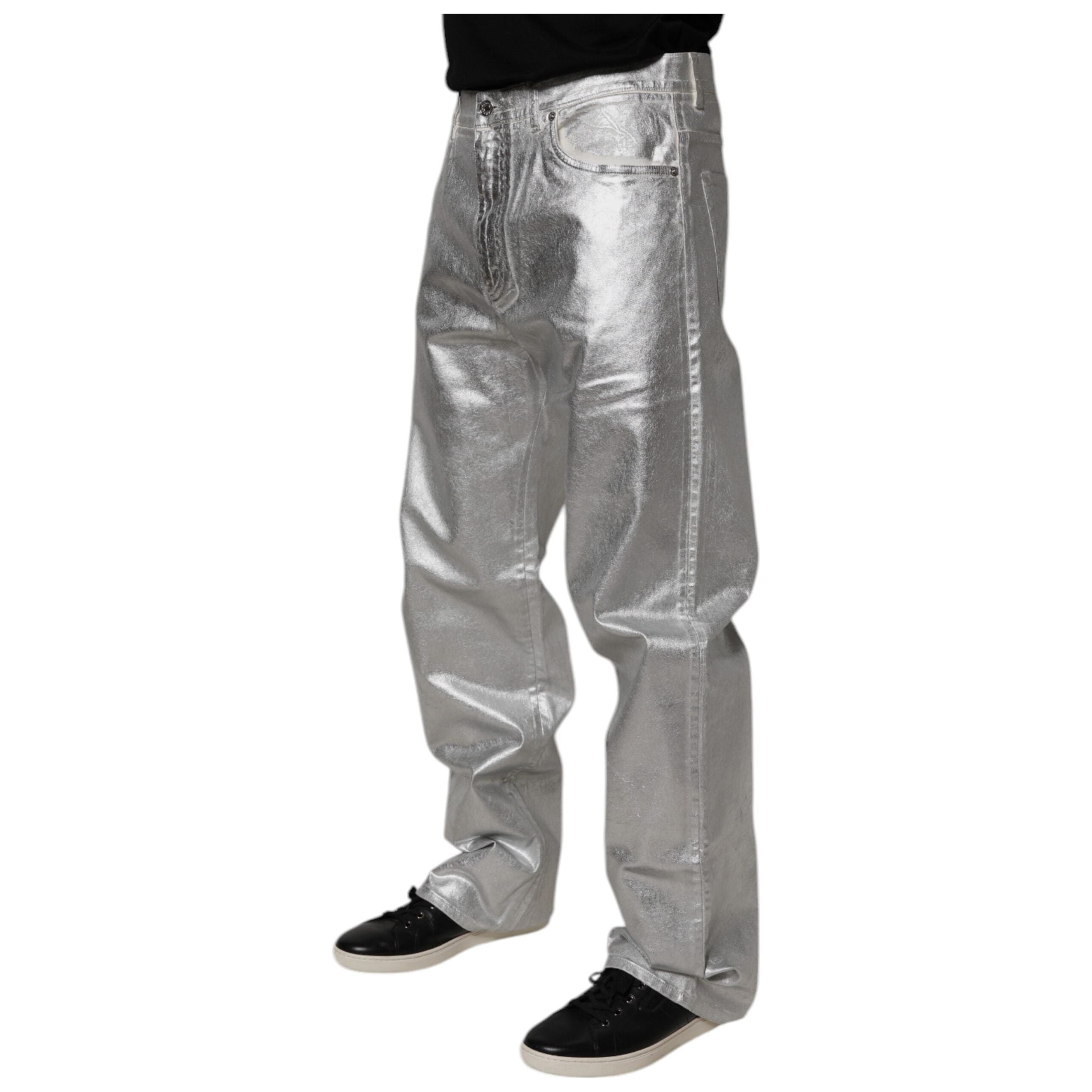 Dolce & Gabbana Metallic Silver Cotton Straight Denim Jeans
