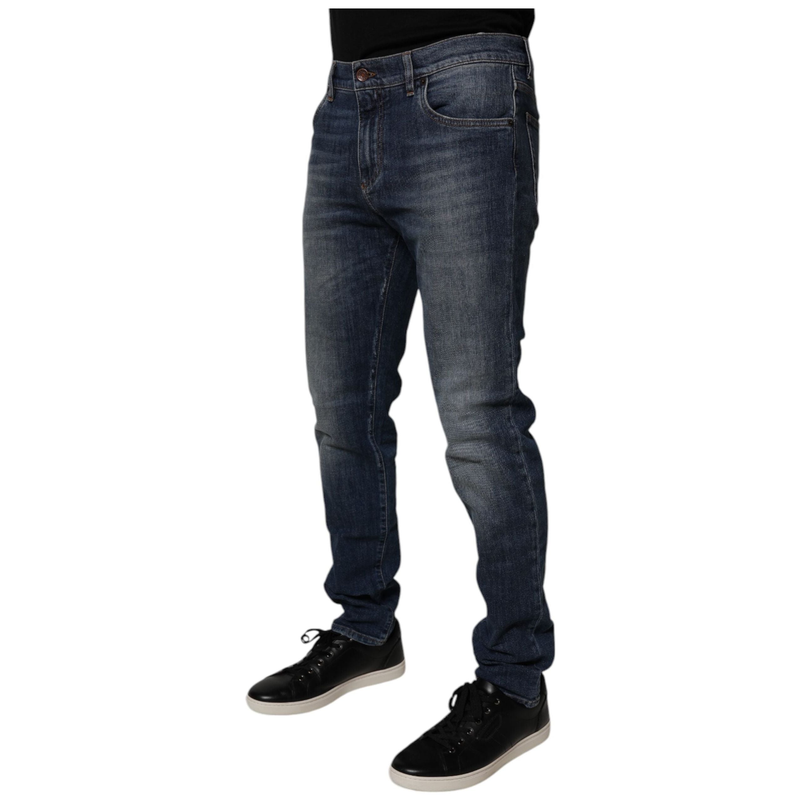Dolce & Gabbana Dark Blue Cotton Leather Skinny Denim Jeans