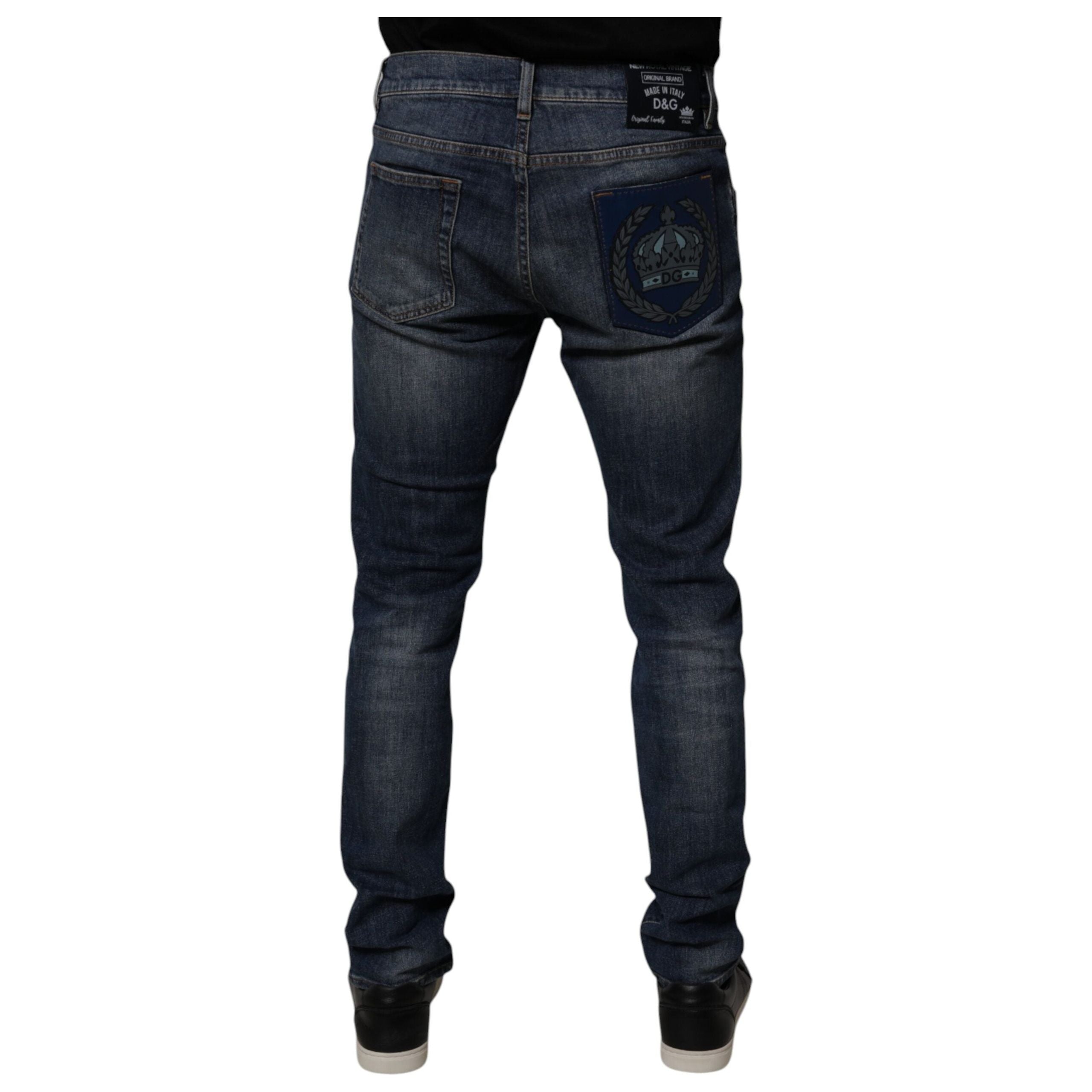 Dolce & Gabbana Dark Blue Cotton Leather Skinny Denim Jeans