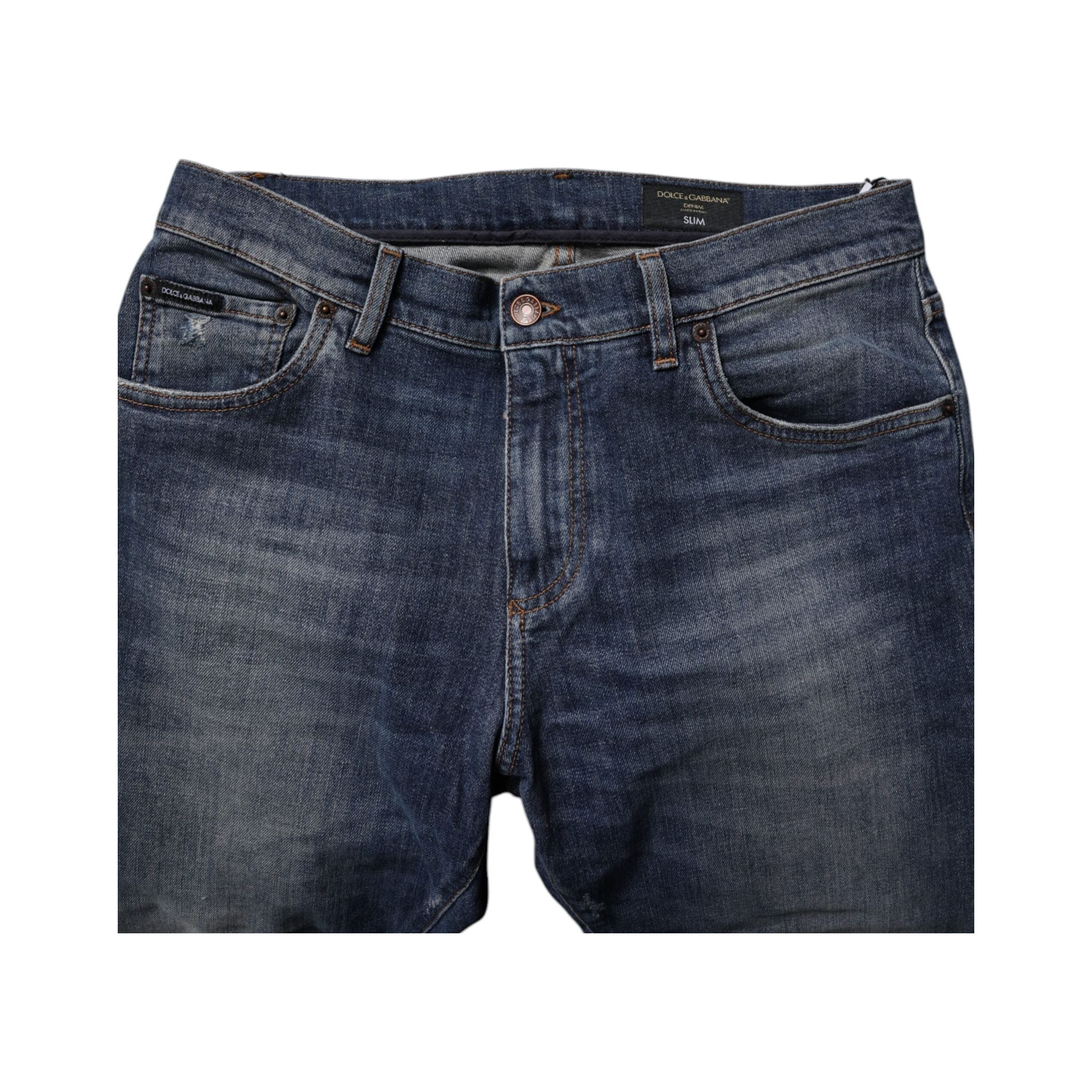 Dolce & Gabbana Dark Blue Cotton Leather Skinny Denim Jeans