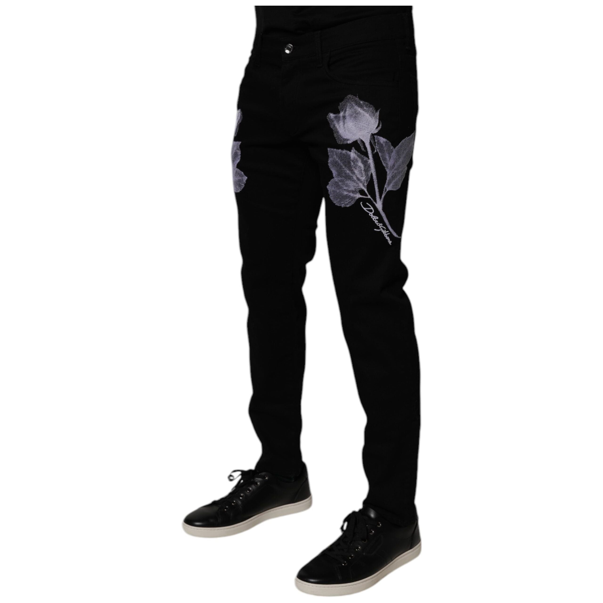 Dolce & Gabbana Black Floral Cotton Skinny Denim Jeans