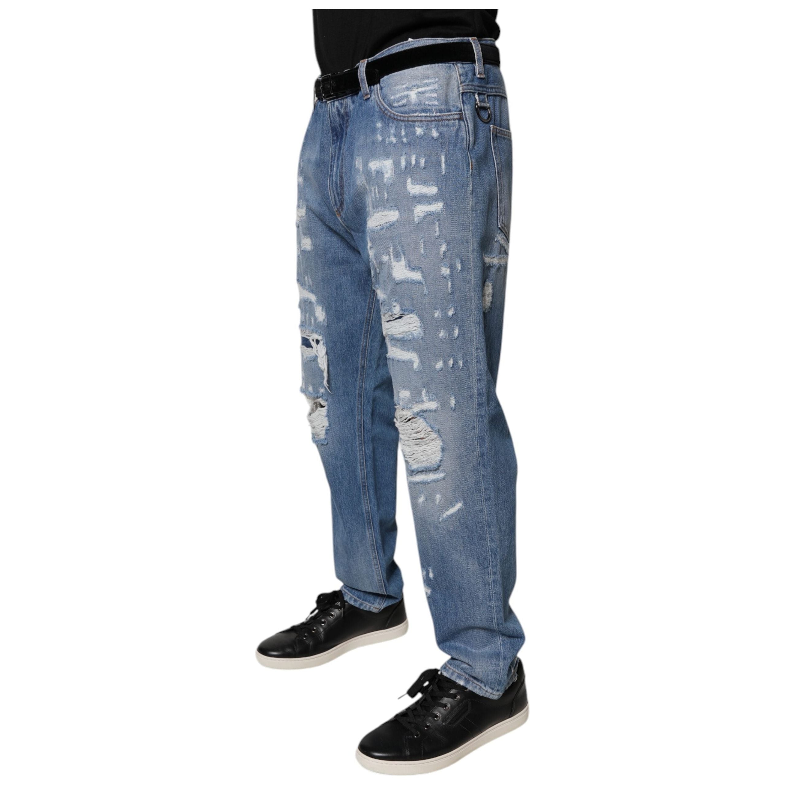 Dolce & Gabbana Blue Tattered Straight Cotton Denim Jeans