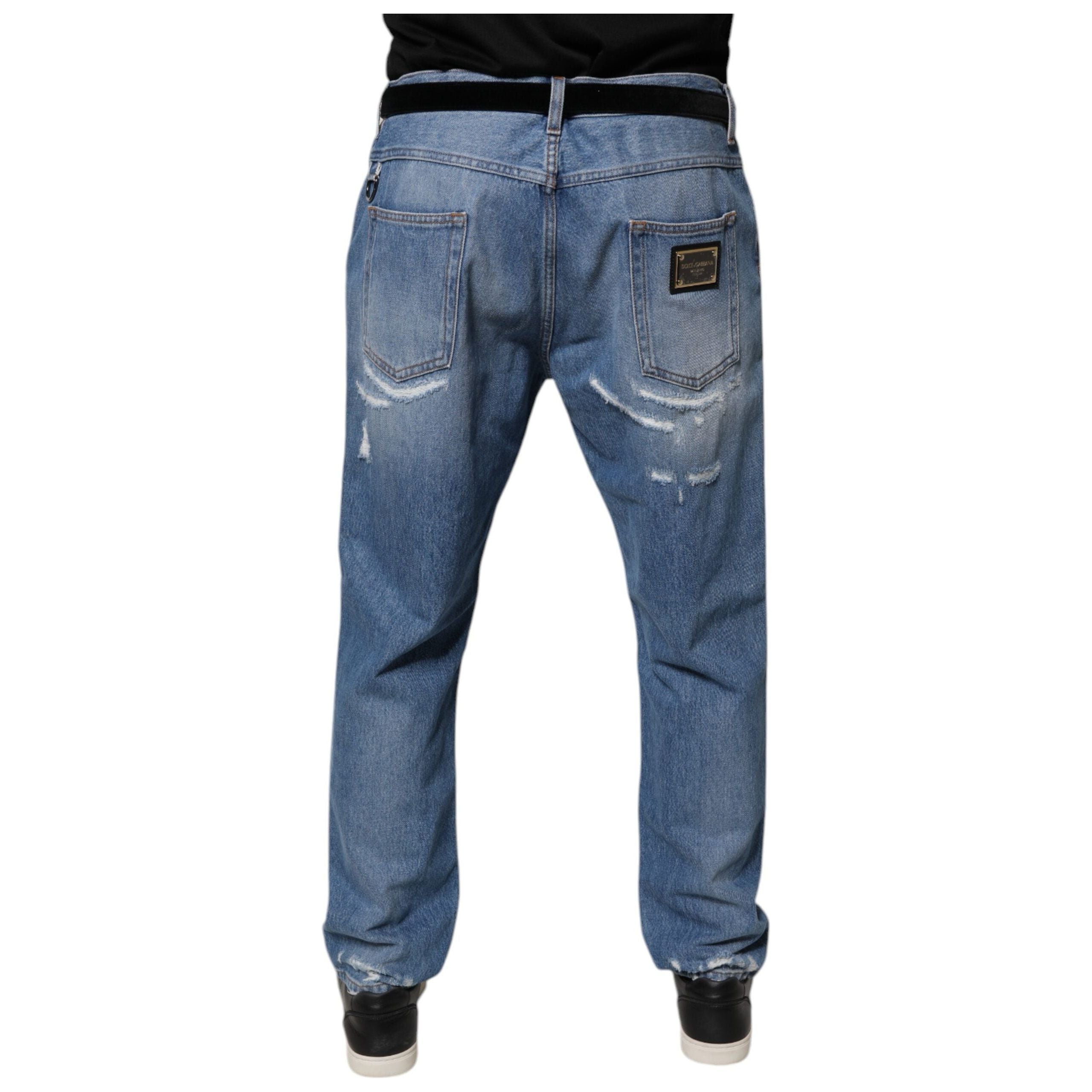 Dolce & Gabbana Blue Tattered Straight Cotton Denim Jeans