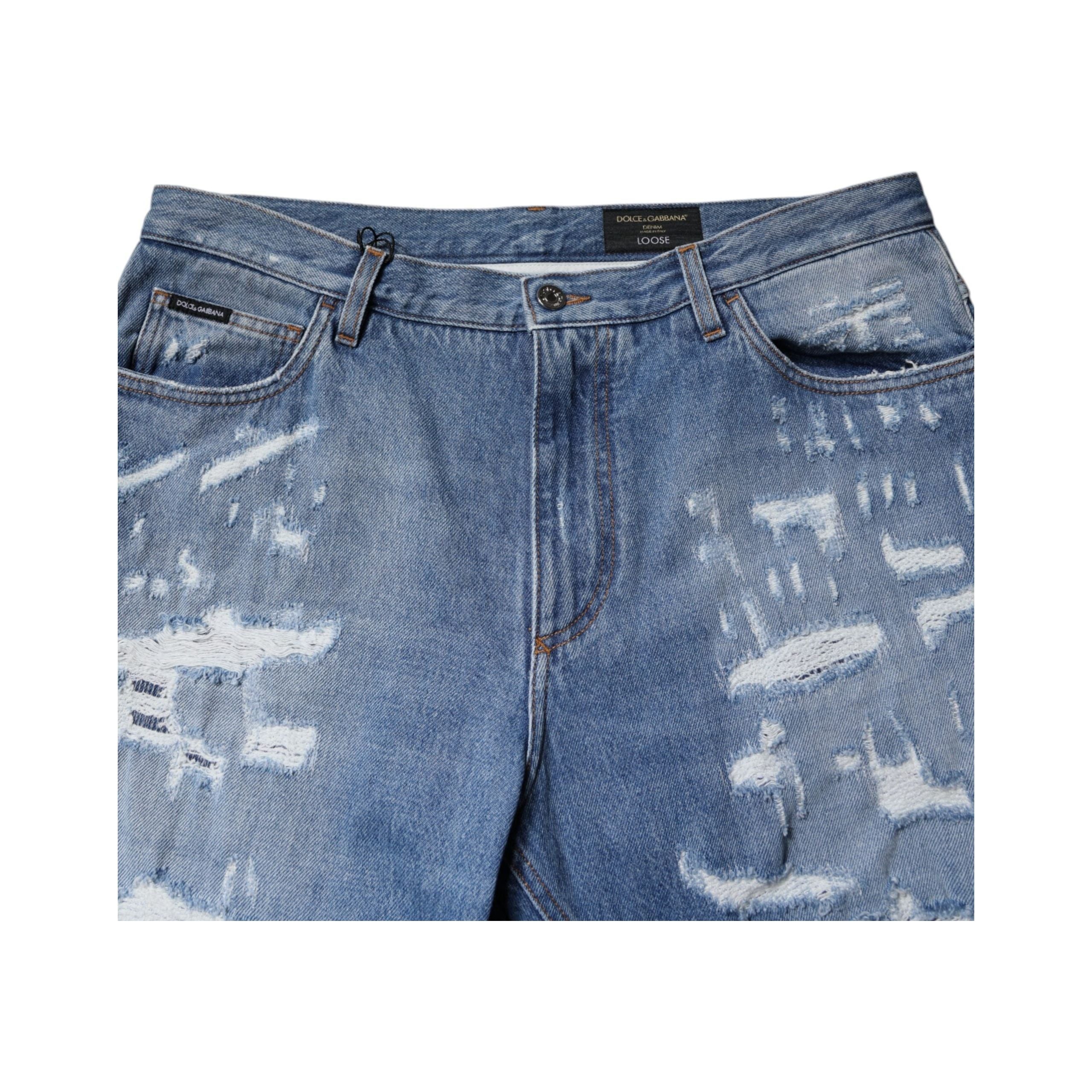 Dolce & Gabbana Blue Tattered Straight Cotton Denim Jeans