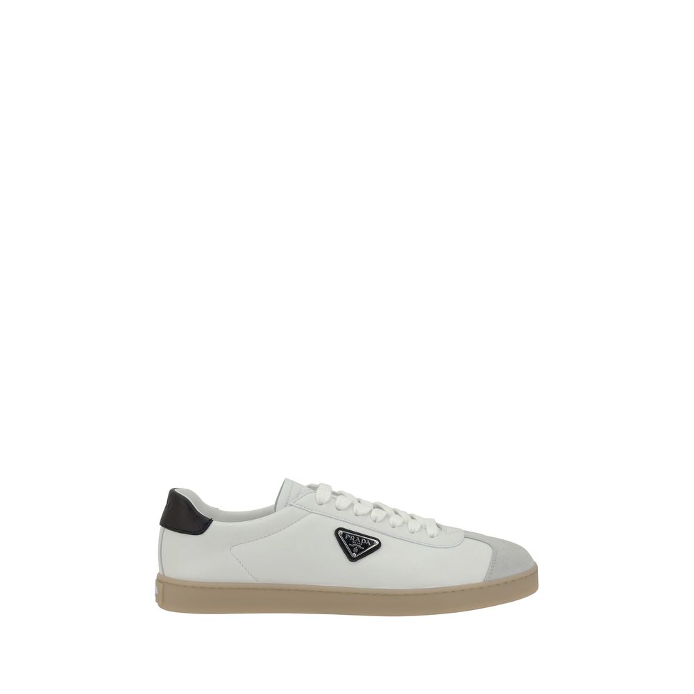 Prada White Leather Logoed Sneakers: Elevate Your Style Effortlessly