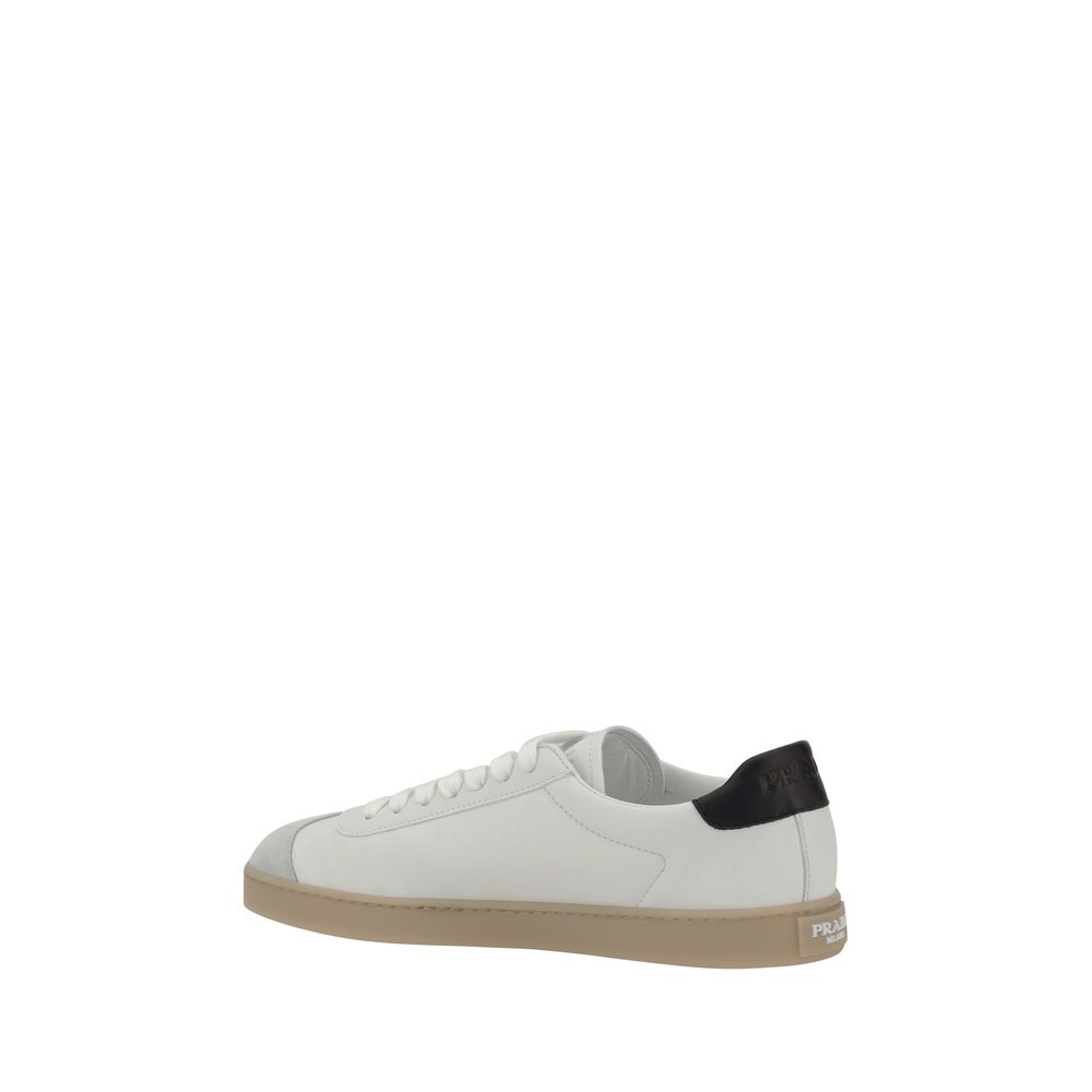 Prada White Leather Logoed Sneakers: Elevate Your Style Effortlessly