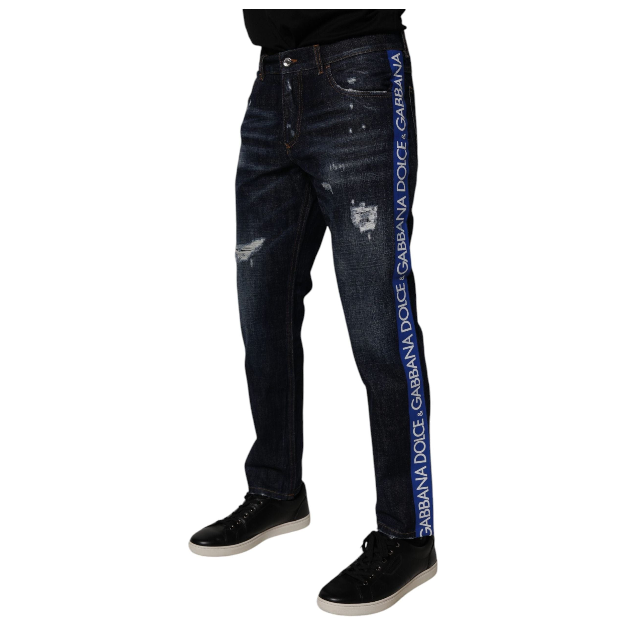 Dolce & Gabbana Dark Blue Cotton Tattered Skinny Jeans