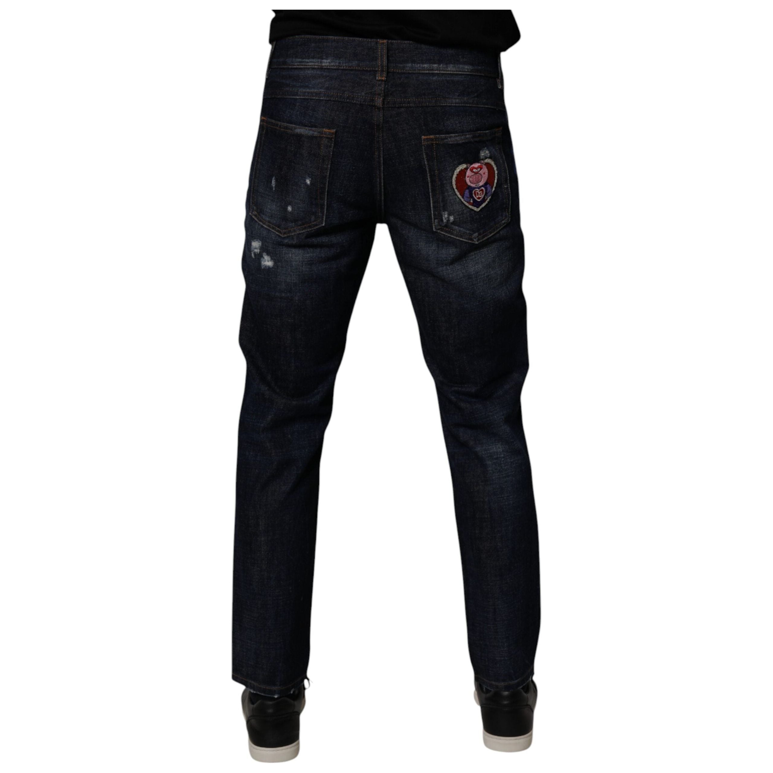 Dolce & Gabbana Dark Blue Cotton Tattered Skinny Jeans