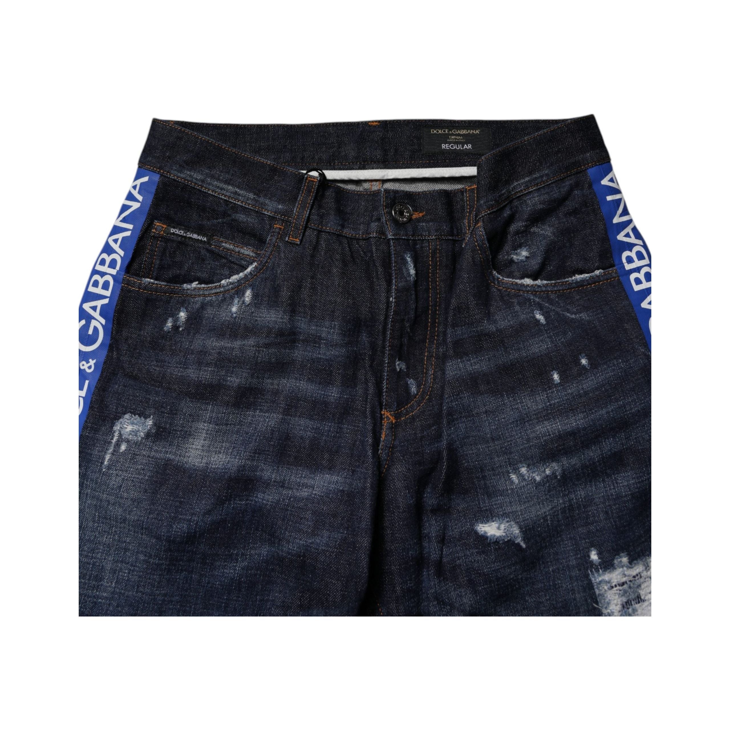 Dolce & Gabbana Dark Blue Cotton Tattered Skinny Jeans
