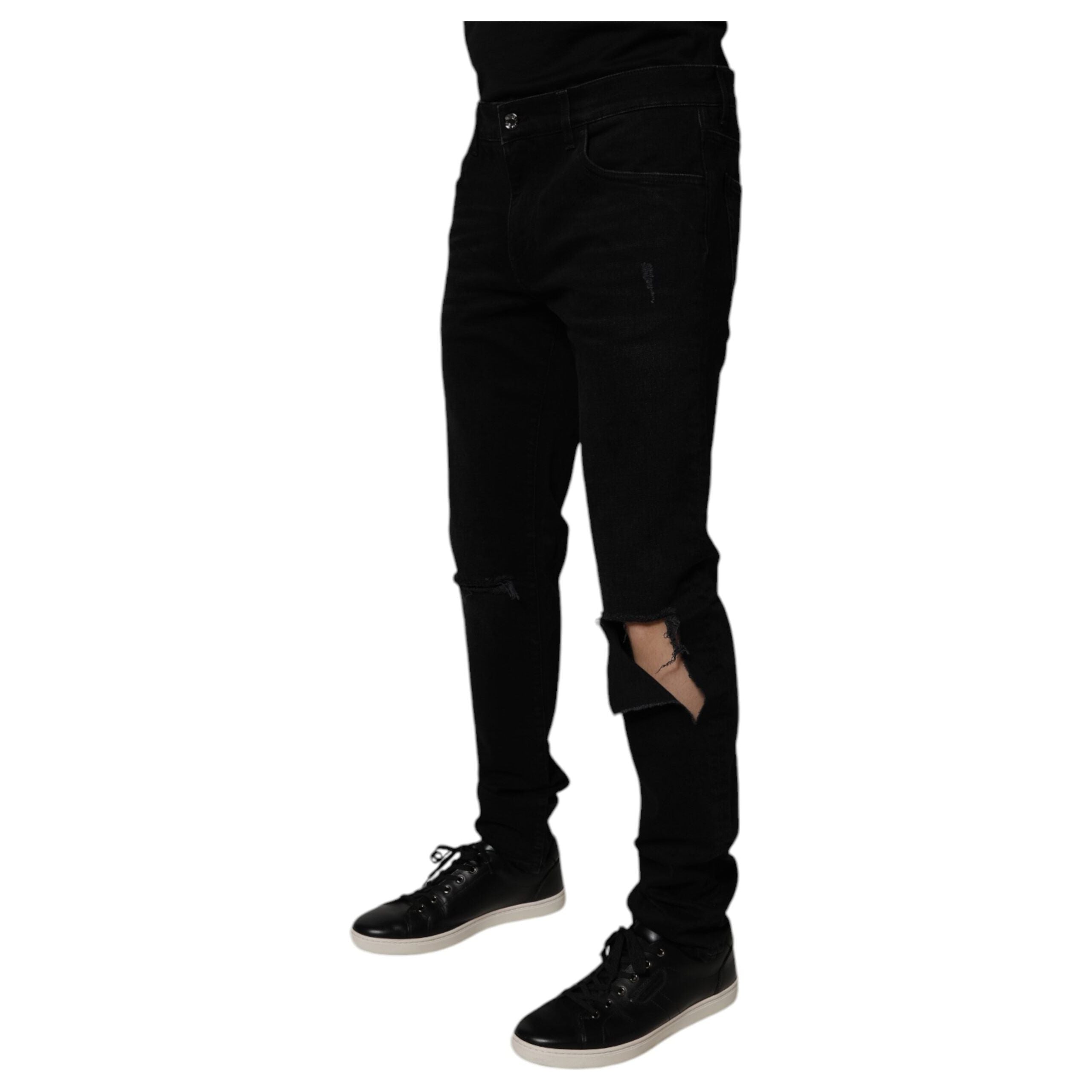 Dolce & Gabbana Black Cotton Tattered Skinny Denim Jeans