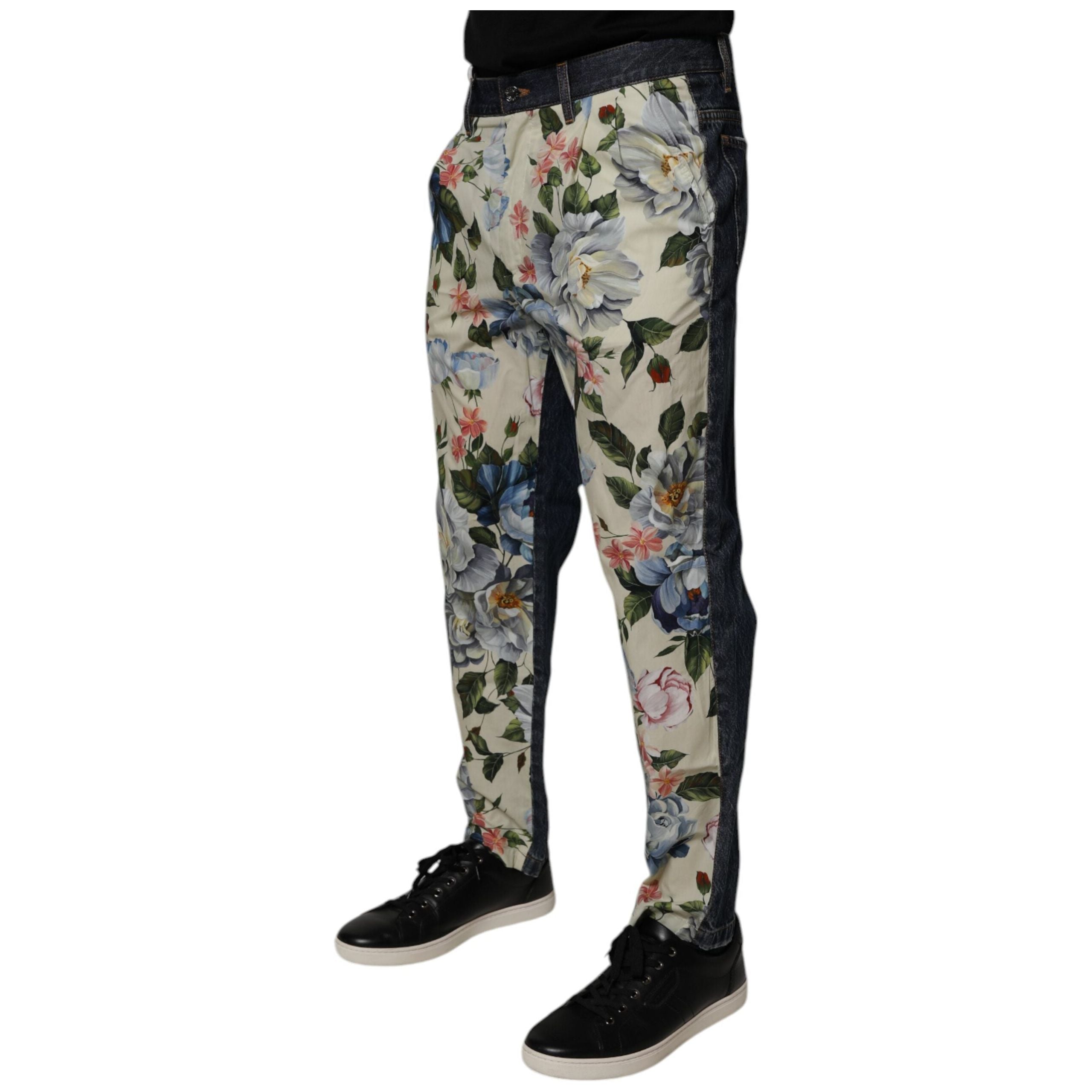 Dolce & Gabbana Beige Blue Floral Cotton Denim Jeans