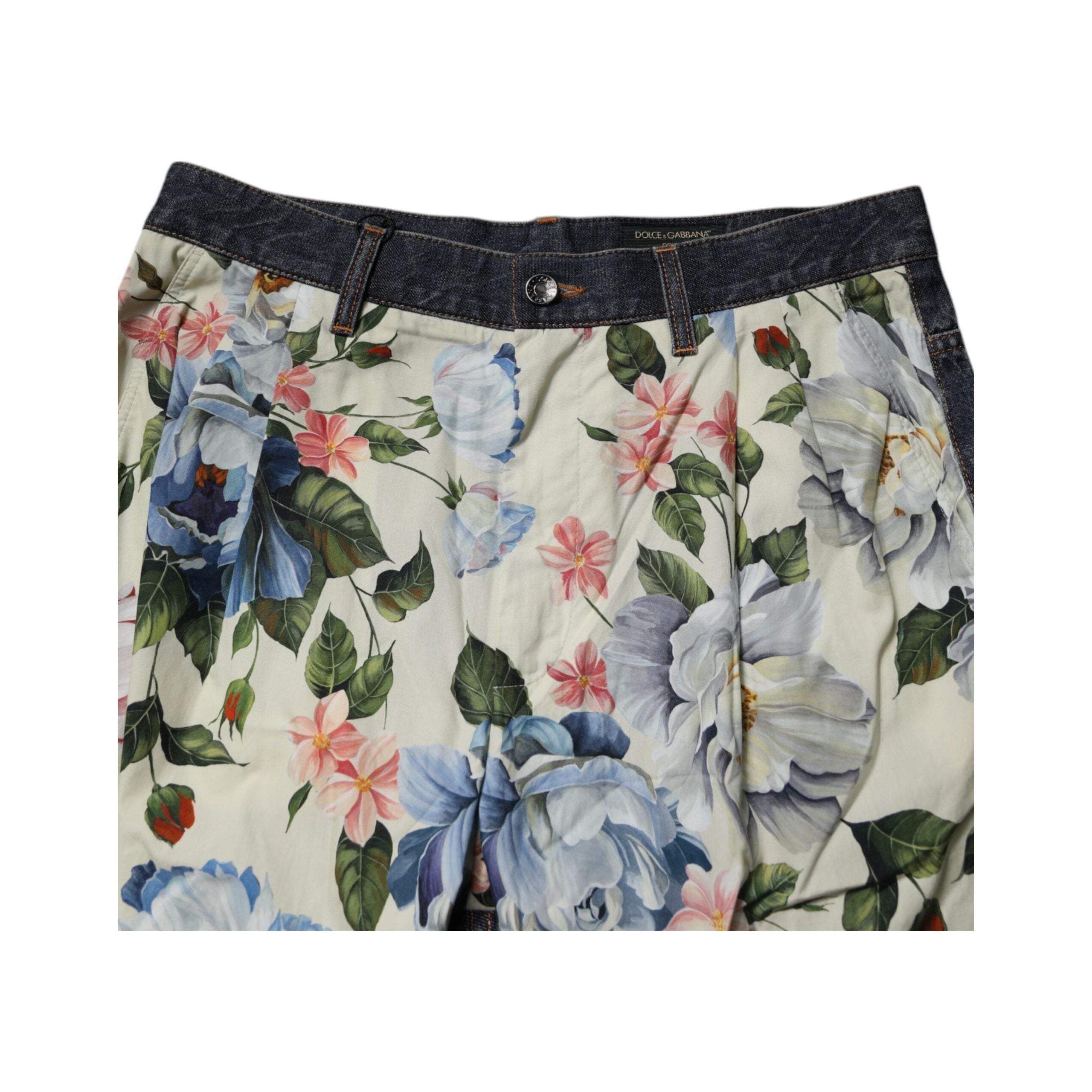 Dolce & Gabbana Beige Blue Floral Cotton Denim Jeans