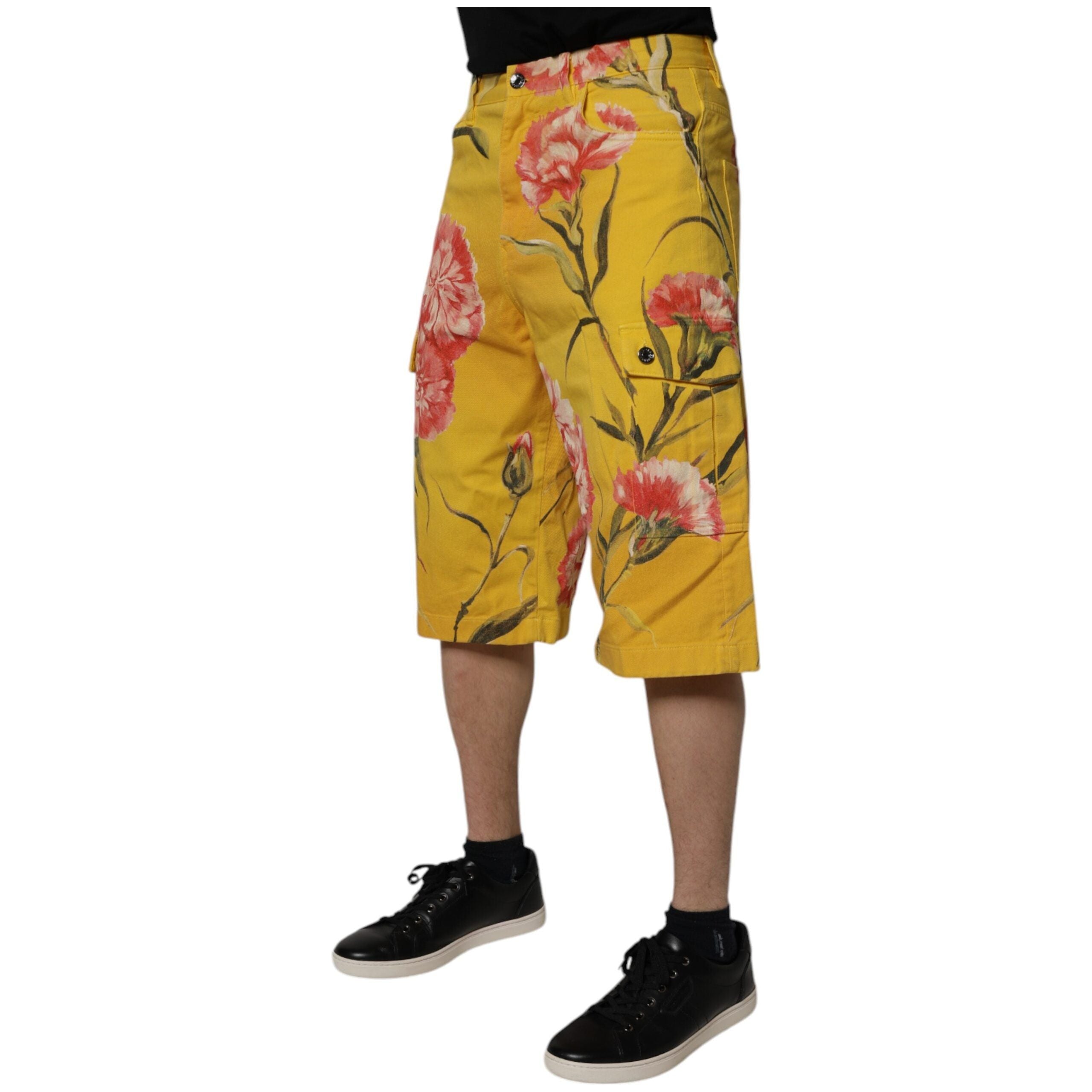 Dolce & Gabbana Yellow Floral Denim Cargo Bermuda Shorts