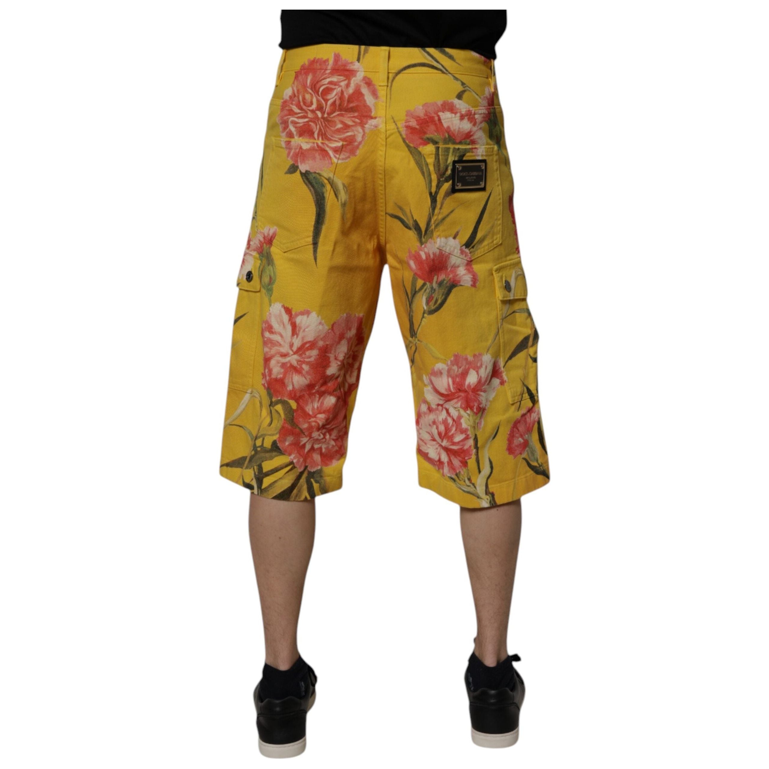 Dolce & Gabbana Yellow Floral Denim Cargo Bermuda Shorts