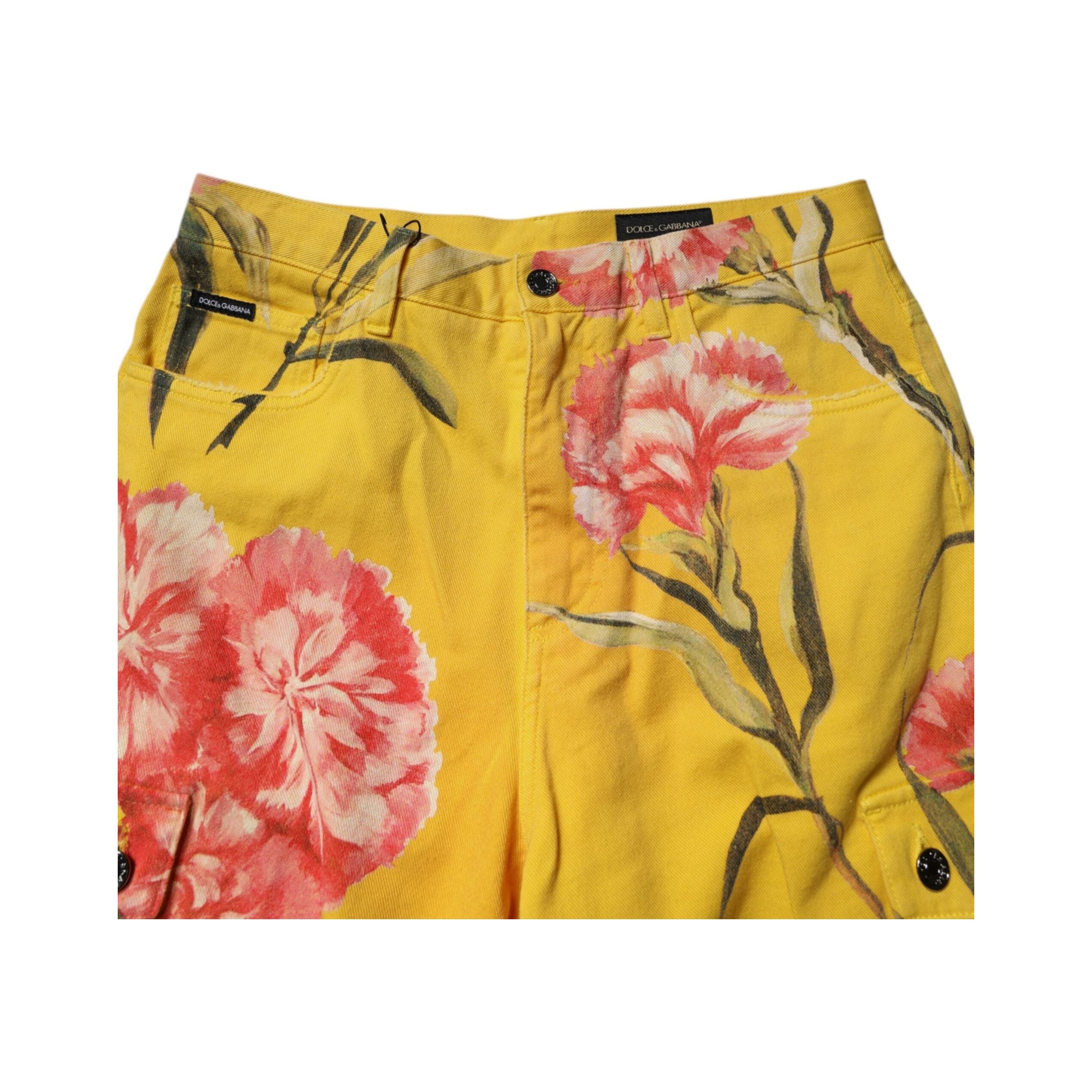 Dolce & Gabbana Yellow Floral Denim Cargo Bermuda Shorts