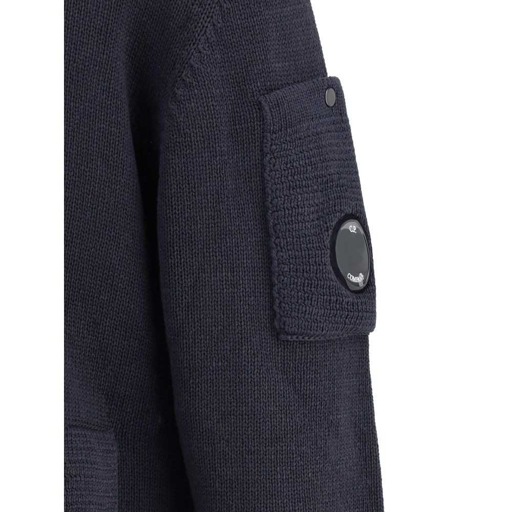 C.P. Company Grey Cotton Cardigan with Ribbed High Collar