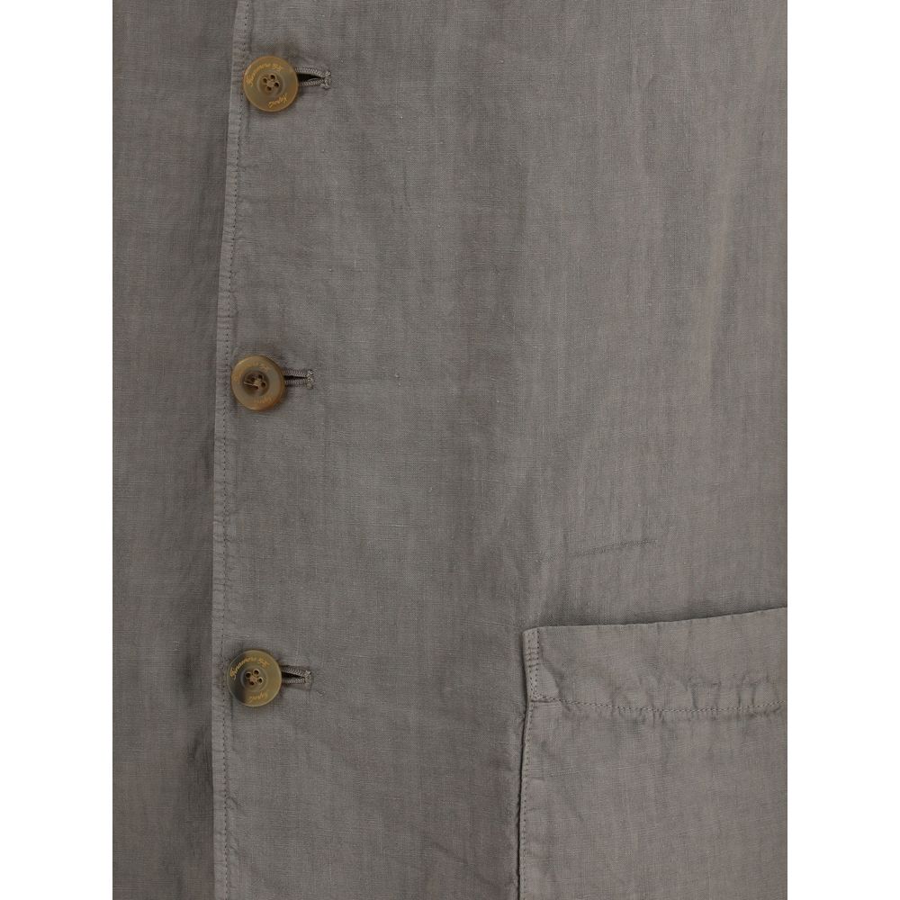 Finamore White Linen Shirt with Cuban Collar and Patch Pockets